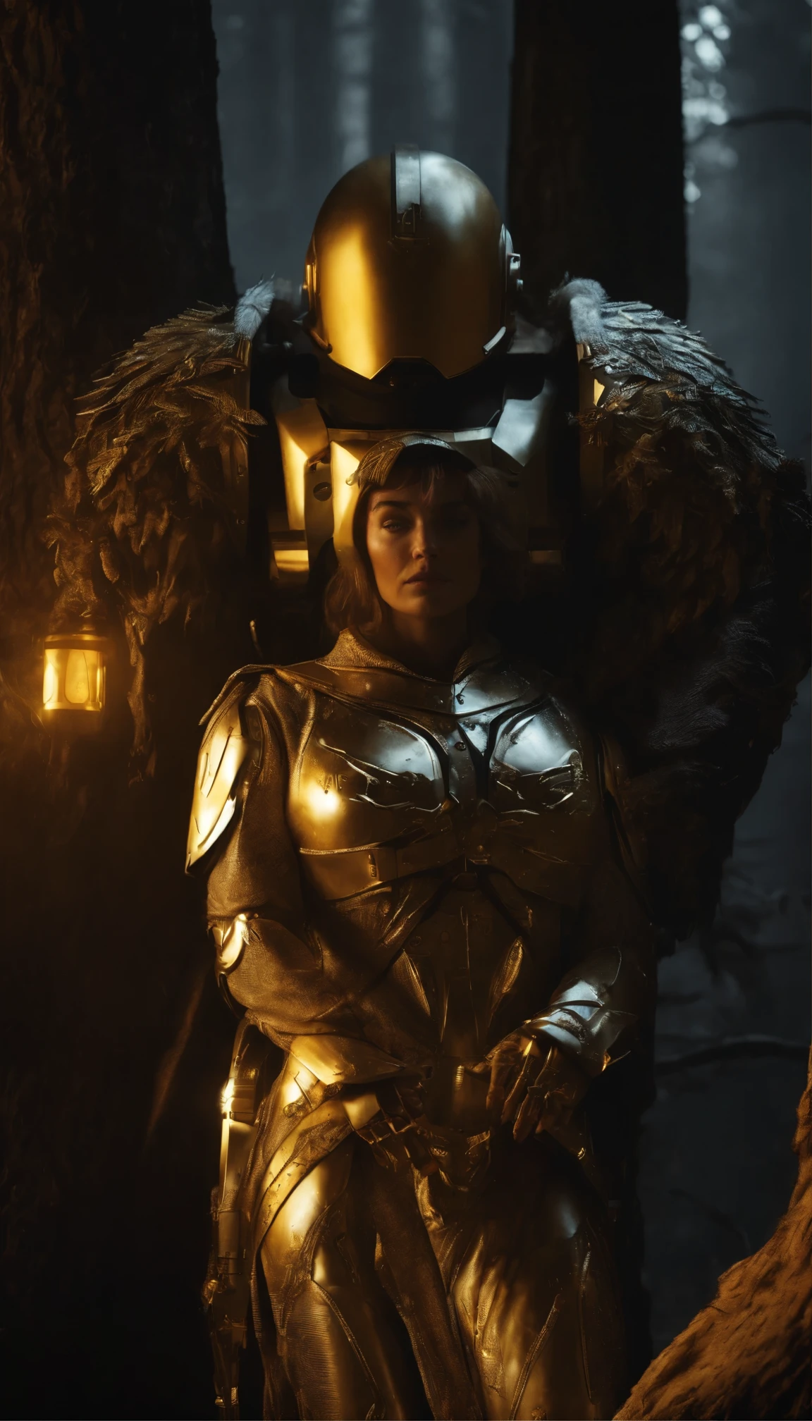 A Christian blade runner replicant astronaut angel soldier lonely shepherd with golden glowing eyes, gold armor with yellow crosses of neon light on the soldiers helmets, atreides astronaut metatron mandalorian master chief metal segmented fremen armor designed by hajime sorayama, under a lonely tree of Sinai fire between the Kabbalah tree of life and the Qlippoth tree of death, three trees in a grey background with high contrast between light and shadow, helldivers in the style of warhammer and doom eternal, star wars dune, Industrial Light & Magic and wetafx vfx, Industrial Light & Magic and wetafx vfx, Caravaggio,Tintoretto,Vermeer,Willem Kalf,Rembrandt,Pieter Calesz,classic baroque photorealistic art, sfumato and chiaroscuro photography by AGSI / Artificial Ghost in the Shell Intelligence, Roger Deakins Cinematography, directed by Ridley Scott and Denis Villeneuve