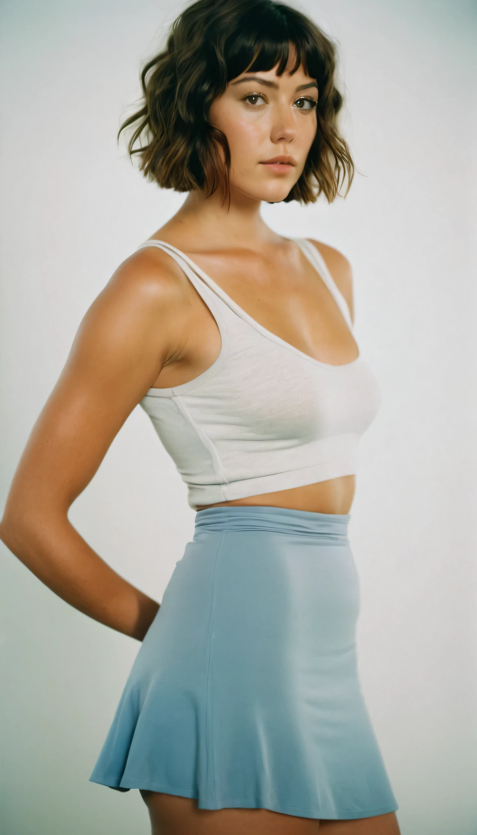 analog film photo, photo of a tall girl, 37 years-old, shaggy bob haircut, freckles and tan lines, pretty, beautiful, big bust, narrow waist, wide hips, huge ass, thick thighs, hourglass figure, resembles Mary Elizabeth Winstead, sweaty, sweat glistening on skin, wearing a t-shirt and high-waisted skirt, RAW Photograph, dslr, soft lighting, high quality, film grain, Fujifilm XT3, detailed skin with visible pores, insane details, masterpiece, 8k, 35mm photograph, dslr, kodachrome, faded film, desaturated, 35mm photo, grainy, vintage, Kodachrome, Lomography, stained, highly detailed, found footage, sideview camera angles, profile shot, upskirt
