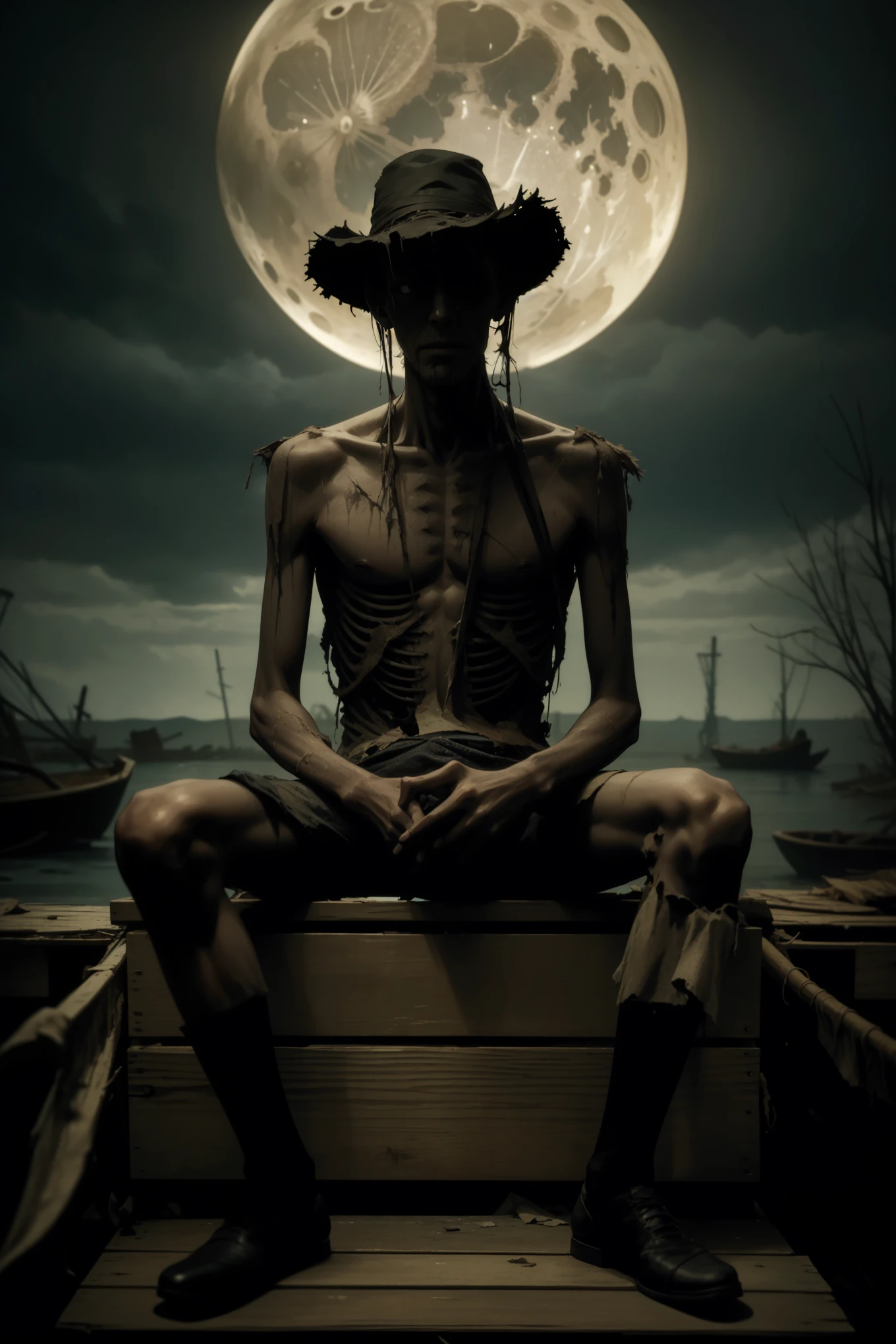 A captivating, eerie cinematic poster in a grimdark art style, featuring a massive, thin skeletal man, missing his left eye, seated on a weathered, decaying box on an old, broken-down dock. The man plays a banjo, meticulously crafted from old driftwood that is slowly disintegrating, its strings creaking ominously with each pluck. The man's tattered clothes hang off his gaunt frame, and his torn straw hat adds to the desolate atmosphere. His skin, darker than the surrounding moonlit atmosphere, appears to be crumbling away, giving the impression of something long dead yet still alive. The dense swamp and wildlife in