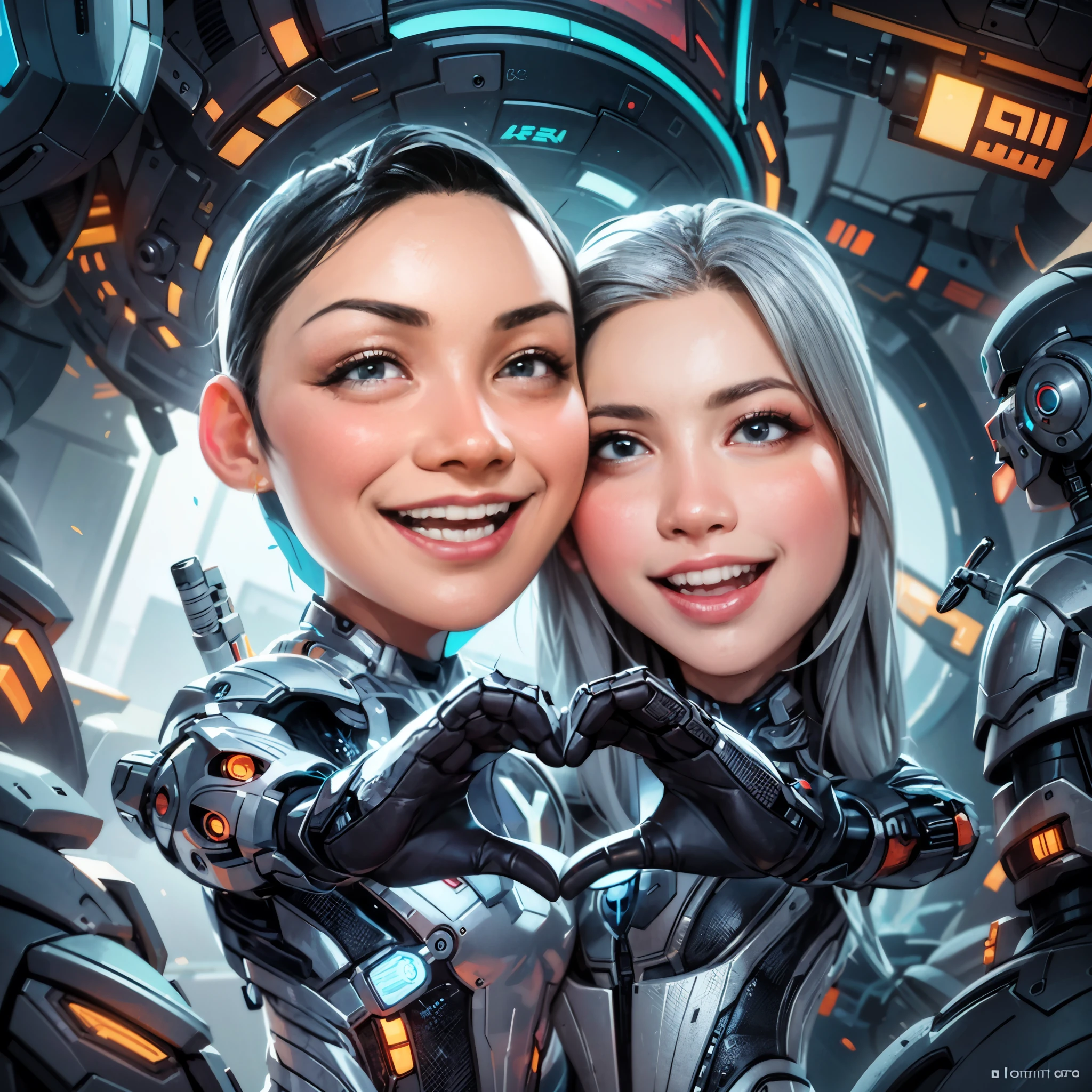 arafed couple in love with a robot caricature, wonderful, caricature illustration, cyborgs, digital art cartoon, couple, boy and girl, professional artwork, cartoon digital art, professional illustration, chibi, robot cyborgs, augmented cyborgs, cartoon artstyle, cartoon art, couples portrait, asian, couple portrait, blue cyborg, high quality portrait, tech art, cybersuits