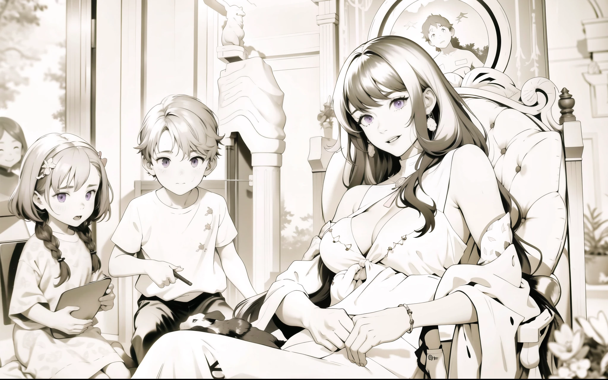 There are two children next to a purple-haired mother.