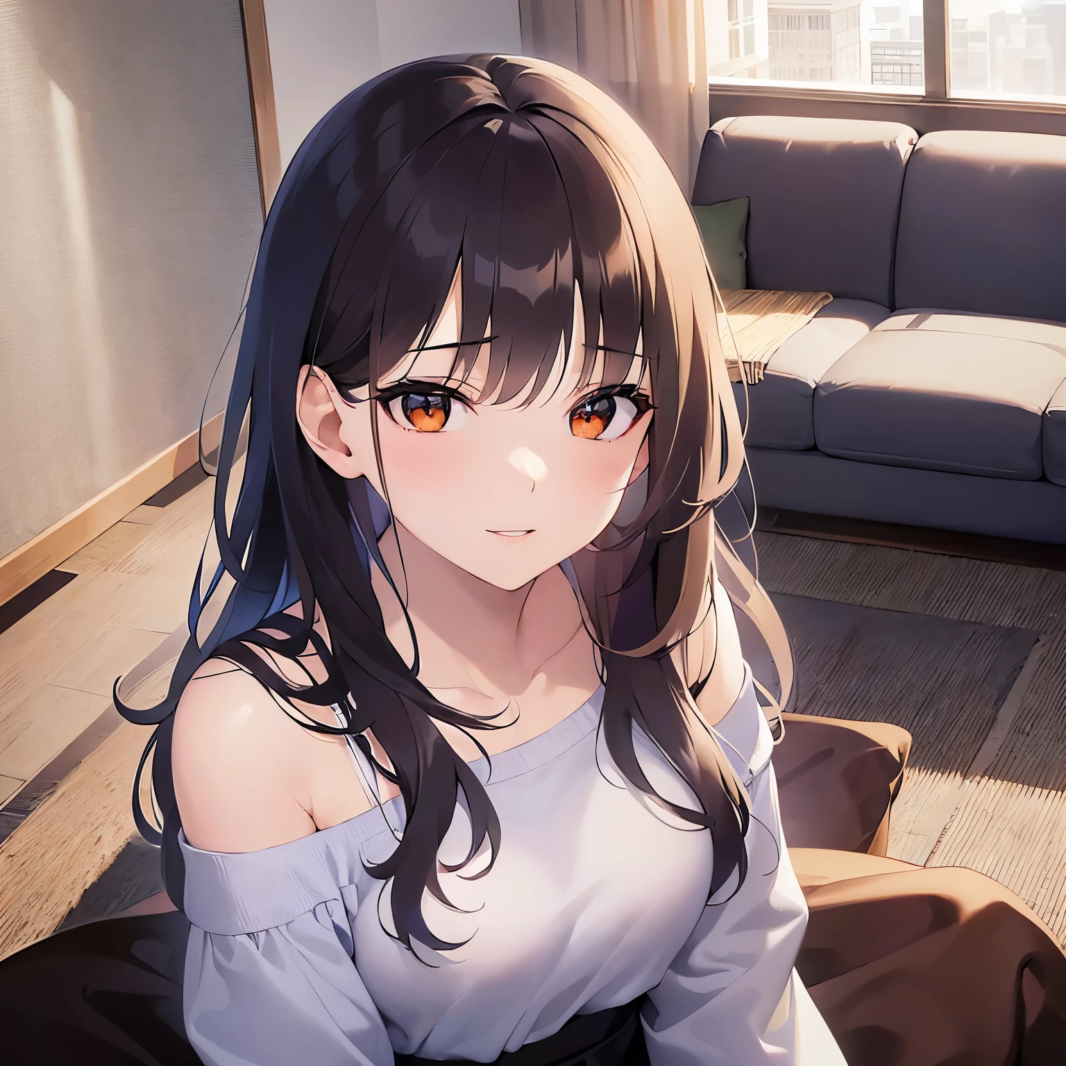 Tilting head、lookin up, Upper Body, Realistic, real person, (pale skin: 1.2), RAW shiny skin, japanese idol、shiny hair、(25 year old woman with medium hair with bangs) and (wavy hair) and (brown hair) and (orange eyes) , (white:1.5) and (off shoulder blouse) 、smile, The background is the sofa in the living room、 Alone、