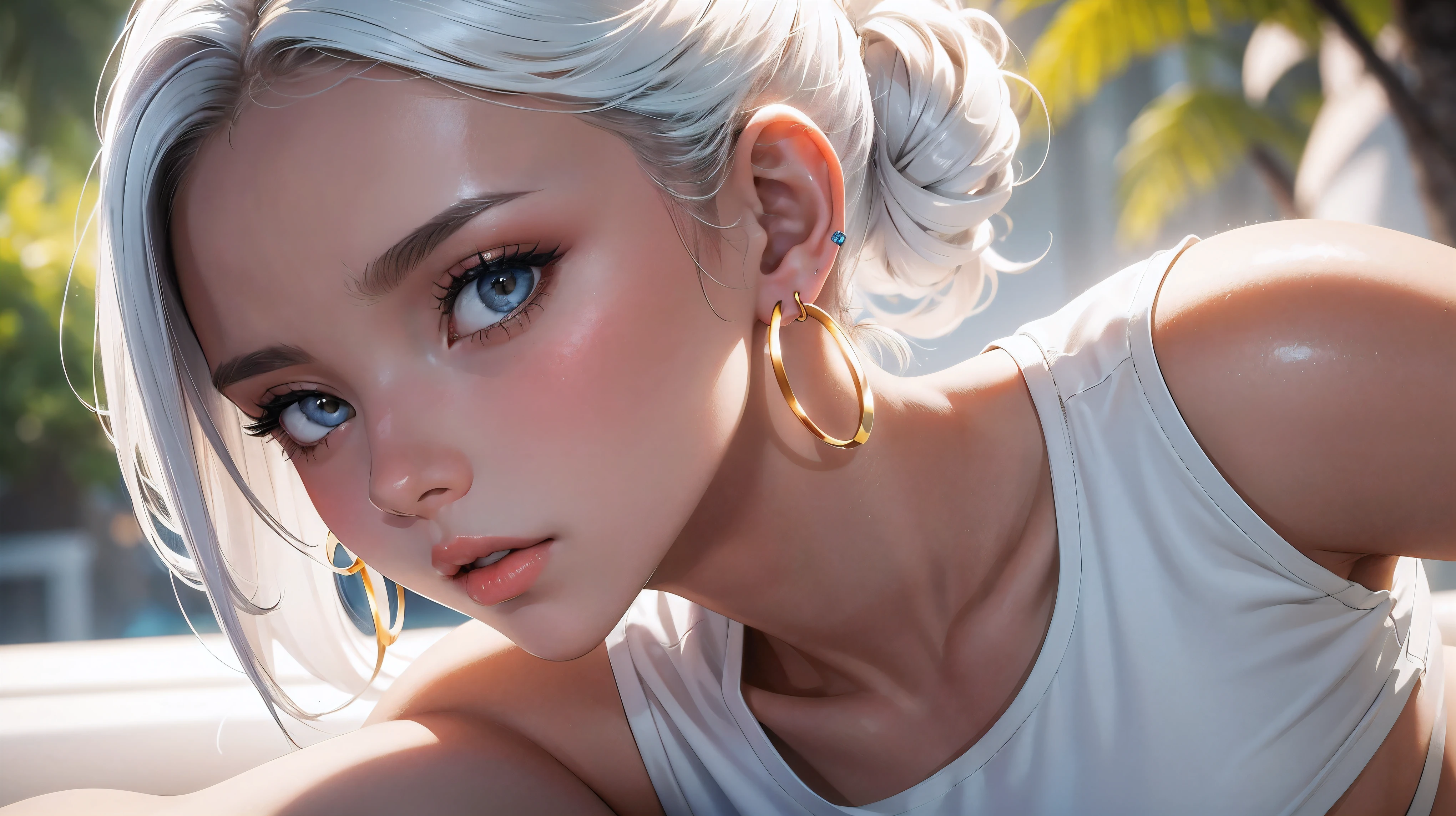 masterpiece, best quality, solo, 1girl, luminous skin, hoop earrings, glamorous, whimsical details, white t-shirt, slicked hair, mesmerizing, crop top, long pants, shallow depth of field, contrapposto, professional model, face front, portrait