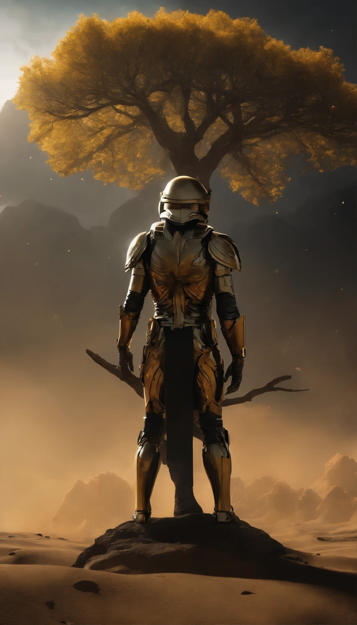 A Christian blade runner replicant astronaut angel soldier lonely shepherd with golden glowing eyes, gold armor with yellow crosses of neon light on the soldiers helmets, atreides astronaut metatron mandalorian master chief metal segmented fremen armor designed by hajime sorayama, under a lonely tree of Sinai fire between the Kabbalah tree of life and the Qlippoth tree of death, three trees in a grey background with high contrast between light and shadow, helldivers in the style of warhammer and doom eternal, star wars dune, Industrial Light & Magic and wetafx vfx, Industrial Light & Magic and wetafx vfx, Caravaggio,Tintoretto,Vermeer,Willem Kalf,Rembrandt,Pieter Calesz,classic baroque photorealistic art, sfumato and chiaroscuro photography by AGSI / Artificial Ghost in the Shell Intelligence, Roger Deakins Cinematography, directed by Ridley Scott and Denis Villeneuve
