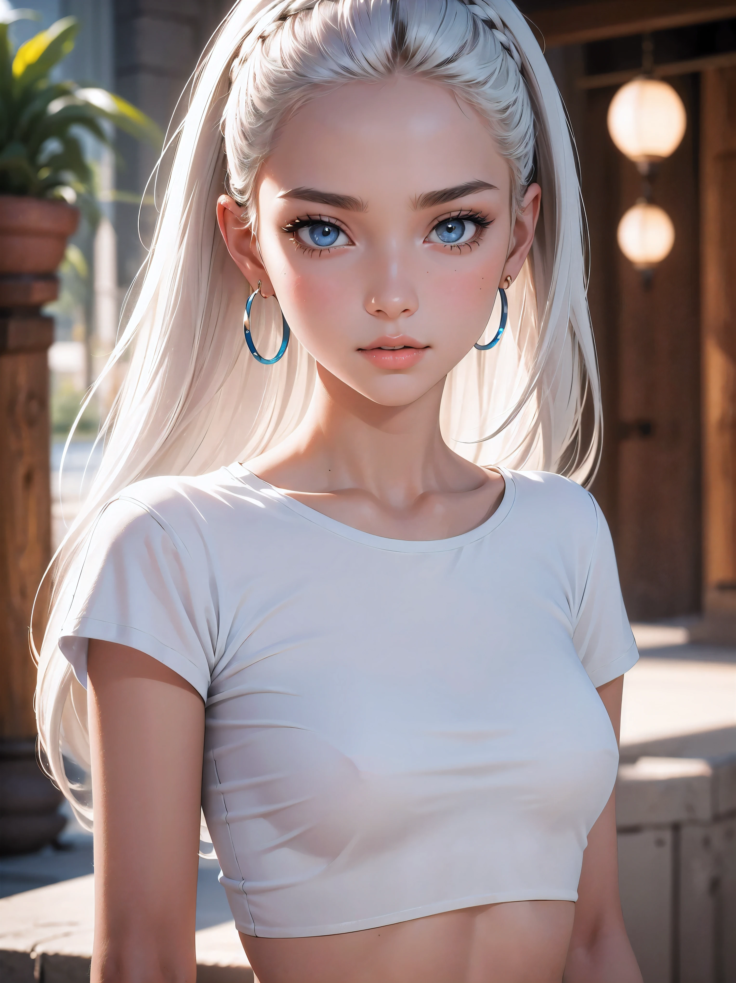 masterpiece, best quality, solo, 1girl, luminous skin, hoop earrings, glamorous, whimsical details, white t-shirt, slicked hair, mesmerizing, crop top, long pants, shallow depth of field, contrapposto, professional model, face front, portrait