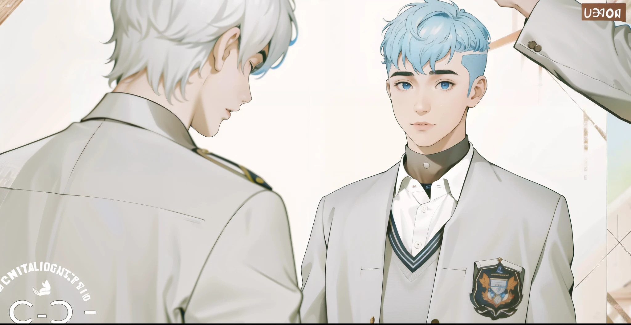 hay dos chicos en el colegio estan de frente uno mira al otro cabello azul y el otro tiene cabello rojo