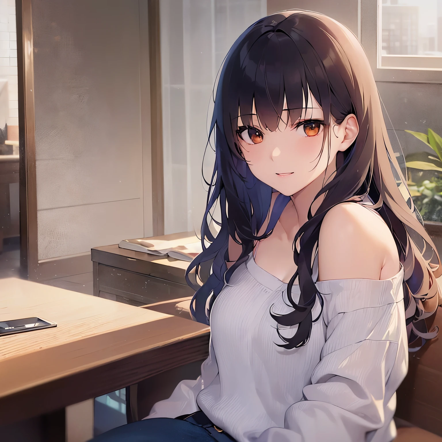 Tilting head、lookin up, Upper Body, Realistic, real person, (pale skin: 1.2), RAW shiny skin, japanese idol、shiny hair、(25 year old woman with medium hair with bangs) and (wavy hair) and (brown hair) and (orange eyes) , (white:1.5) and (off shoulder blouse) 、smile, The background is the living room、 Alone、