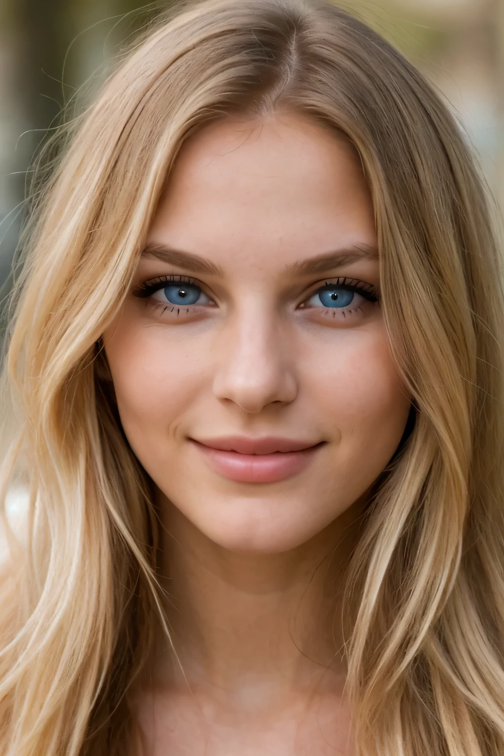 Young woman, attractive facial features with mesmerizing eyes, warm smile and long blonde hair, loose hair, make a fashionable hairstyle. photorealism. lush breasts