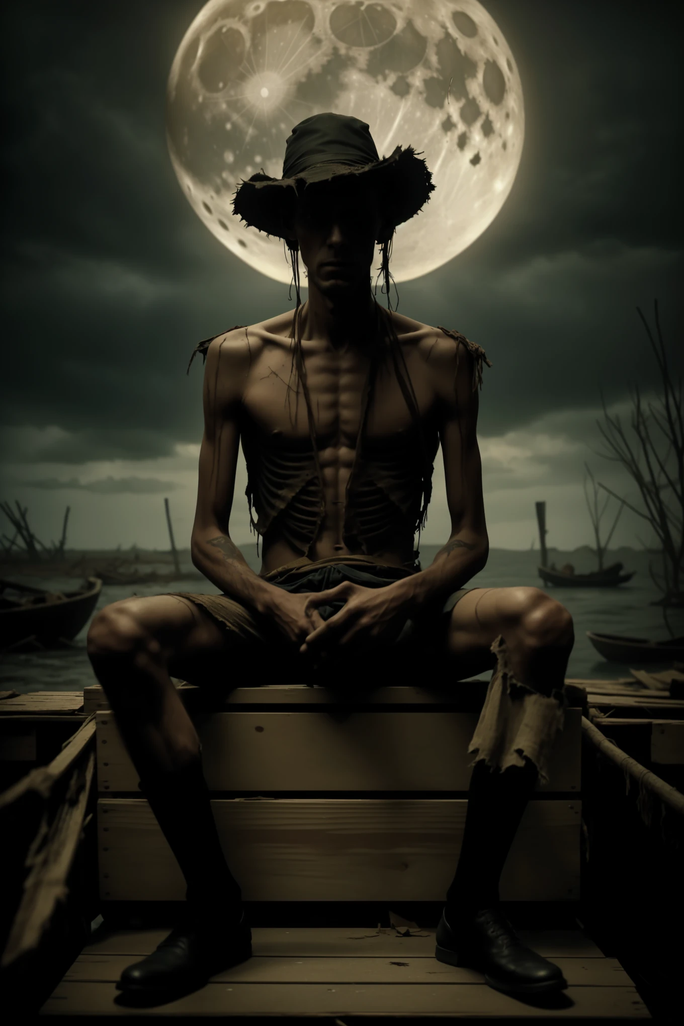 A captivating, eerie cinematic poster in a grimdark art style, featuring a massive, thin skeletal man, missing his left eye, seated on a weathered, decaying box on an old, broken-down dock. The man plays a banjo, meticulously crafted from old driftwood that is slowly disintegrating, its strings creaking ominously with each pluck. The man's tattered clothes hang off his gaunt frame, and his torn straw hat adds to the desolate atmosphere. His skin, darker than the surrounding moonlit atmosphere, appears to be crumbling away, giving the impression of something long dead yet still alive. The dense swamp and wildlife in
