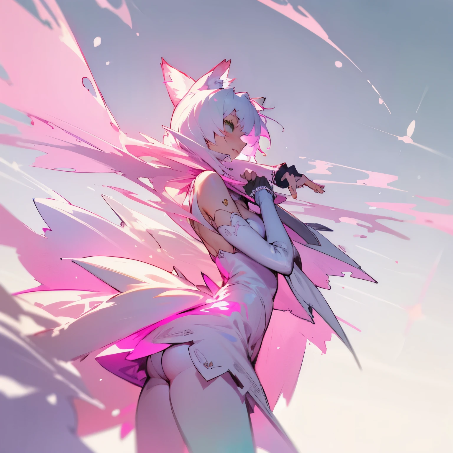 white-haired cat girl with pink and light green tips on her hair and a fluffy tail with a pink tip.She wears a pink dress with cherries and white lace with two slits on the sides, she wears fingerless gloves and pink wool leggings. 