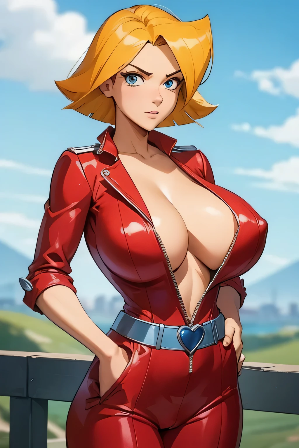 clover \(totally spies\), blonde hair, short hair, blue eyes, skimpy red jumpsuit, belt, red jumpsuit, taught cautsuit, huge breasts, cleavage, cameltoe, medium shot, simple setting, upper body focus, huge tits