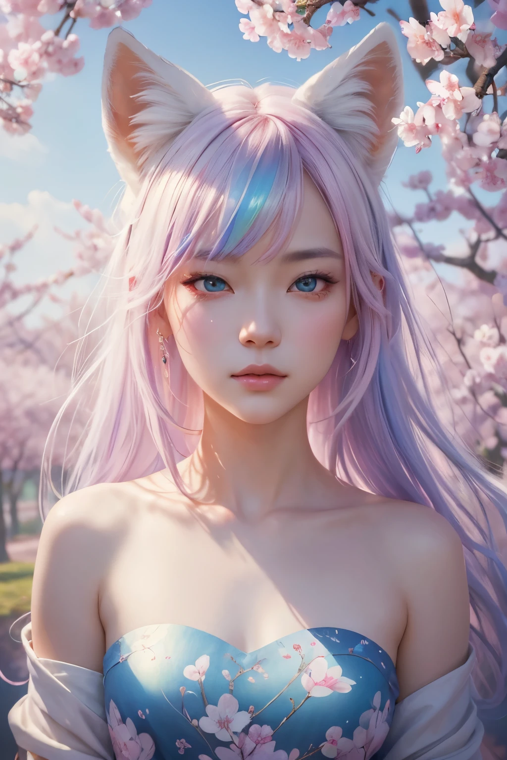 james jean, floating white fox figure made of sakura cherry blossom leaf, smoke, in the sky, colorful and vibrant, mystical colors, contemporary impressionism, yanjun cheng portrait painting, iridescent painting, 3/4 perspective view, cute face, low angle, sweeping circling composition, large beautiful crystal eyes, big irises, UHD, HDR, 8K, (Masterpiece:1. 5), (the most beautiful portrait in the world:1.5)
