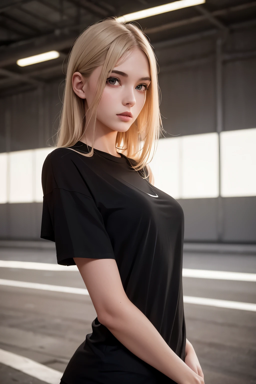 young woman, model, girl, slim t-shirt, black t-shirt, mockup, posing in a hangar, dark atmosphere, low light, blonde