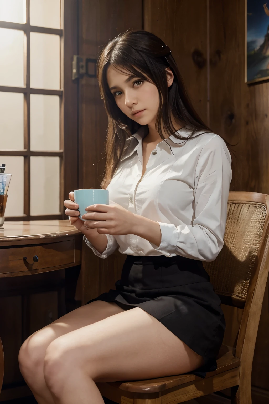 ((top quality, 8k, masterpiece: 1.3, raw photo)), Sharp Focus: 1.2, (1 aespa girl: 1.2), (Realistic, Photorealistic: 1.37), (face focus: 1.1), cute face, small breasts, flat chest, short hair, (white business shirt: 1.1), sitting, cafe, hand on cheek, panties, from below, sunlight, movie lighting,