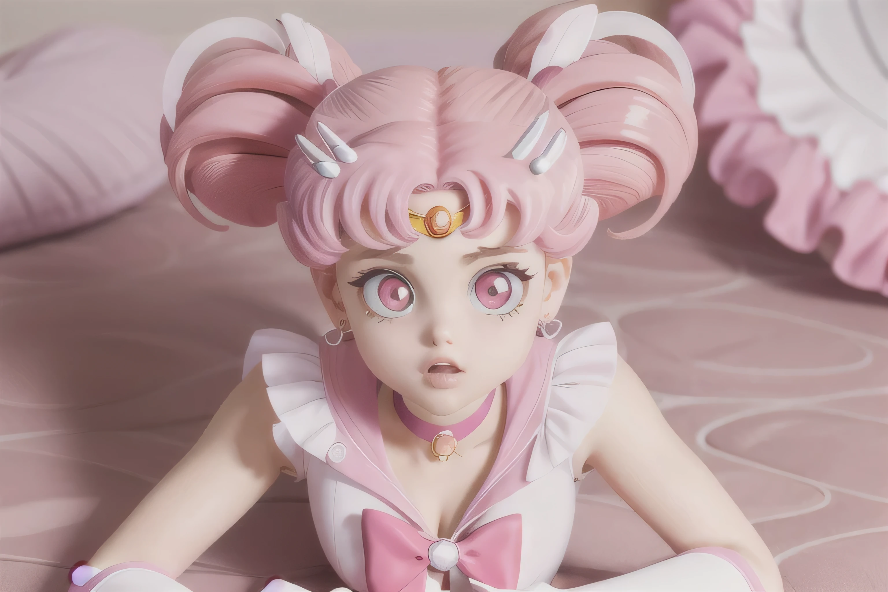 masterpiece, best quality, absurdres, perfect antomy, 1girl, solo, SMMoon, 1990s \(style\), sailor chibi moon pink hair, pink pupils eyes, sailor senshi uniform, magical girl, pink eyes, Pink skirt, elbow-length gloves, tiara, pleated skirt, bow for hair, pink hair, twintails, pink sailor necklace, miniskirt, choker, red bow, Pink  choker, white gloves,  jewelry, earringsass with a micro thong, very sexy , nice ass. (LYING ON HER SIDE ON THE FLOOR)   ASS UP