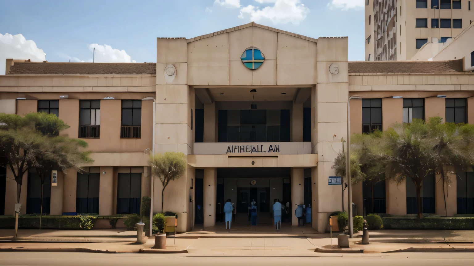Imagine a hyper-realistic 8K front view image of the outside of a hospital in an african city. All are africans. 