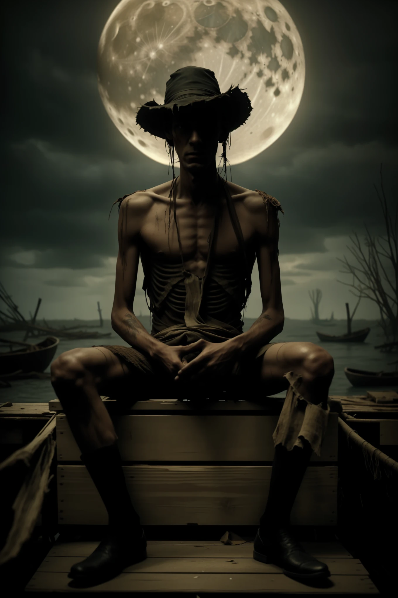 A captivating, eerie cinematic poster in a grimdark art style, featuring a massive, thin skeletal man, missing his left eye, seated on a weathered, decaying box on an old, broken-down dock. The man plays a banjo, meticulously crafted from old driftwood that is slowly disintegrating, its strings creaking ominously with each pluck. The man's tattered clothes hang off his gaunt frame, and his torn straw hat adds to the desolate atmosphere. His skin, darker than the surrounding moonlit atmosphere, appears to be crumbling away, giving the impression of something long dead yet still alive. The dense swamp and wildlife in