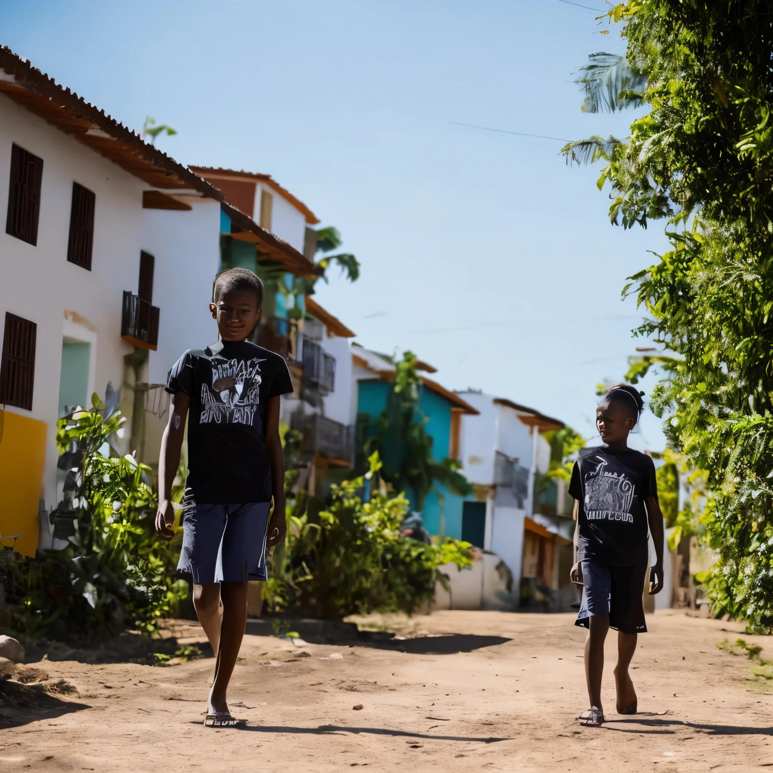A black teenager with braids walking down a community in Brazil, ele usa chinelo, has braids back, com uma camisa de time, shorts.