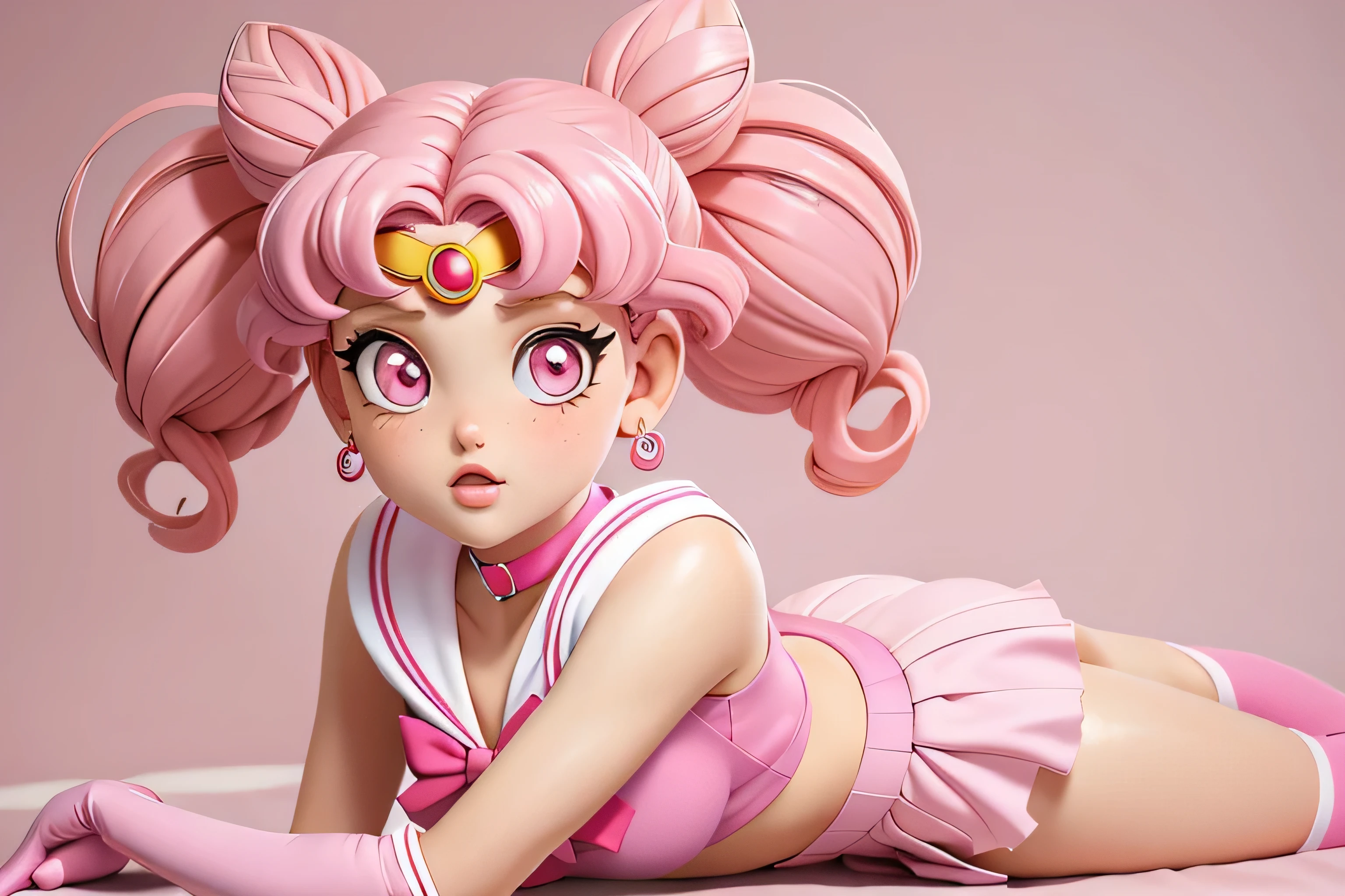 masterpiece, best quality, absurdres, perfect antomy, 1girl, solo, SMMoon, 1990s \(style\), sailor chibi moon pink hair, pink pupils eyes, sailor senshi uniform, magical girl, pink eyes, Pink skirt, elbow-length gloves, tiara, pleated skirt, bow for hair, pink hair, twintails, pink sailor necklace, miniskirt, choker, red bow, Pink  choker, white gloves,  jewelry, earringsass with a micro thong, very sexy , nice ass. (LYING ON HER SIDE ON THE FLOOR)   ASS UP