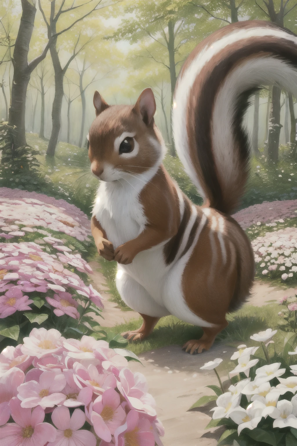 Dessin au crayon à couleur, Squirrel in a forest, fleurs en printemps