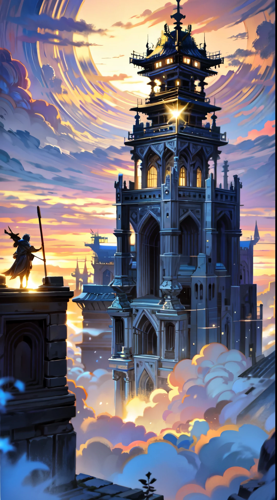 prince,cloak,legendary sword,distant horizon,ancient tower,vast enchanted realm,magical mist,(best quality,4k,8k,highres,masterpiece:1.2),ultra-detailed,(realistic,photorealistic,photo-realistic:1.37),portraits,landscape,hdr,professional,stunning sunset colors,soft lighting,ethereal ambiance