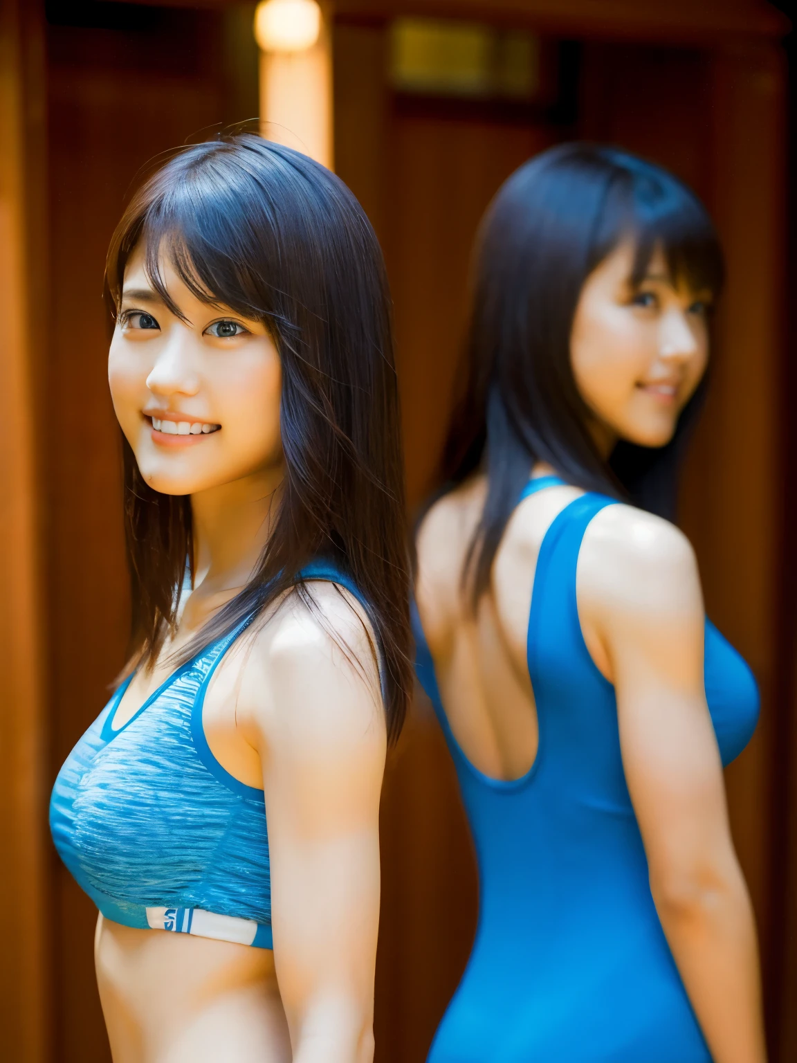 Identical twin sisters back to back、(8K、RAW photo、highest quality、masterpiece:1.2)、(realistic、Photoreal:1.37)、super detailed、超A high resolution、2 girls、There is genuine Mura frame.、see the beholder、beautiful and detailed face、smile、narrow、(slim waist) :1.3)、gymnastics、Beautiful and smooth skin、skin texture、floating hair、professional lighting、Full body Esbian、I'm doing muscle training..、muscular body doing muscular pose