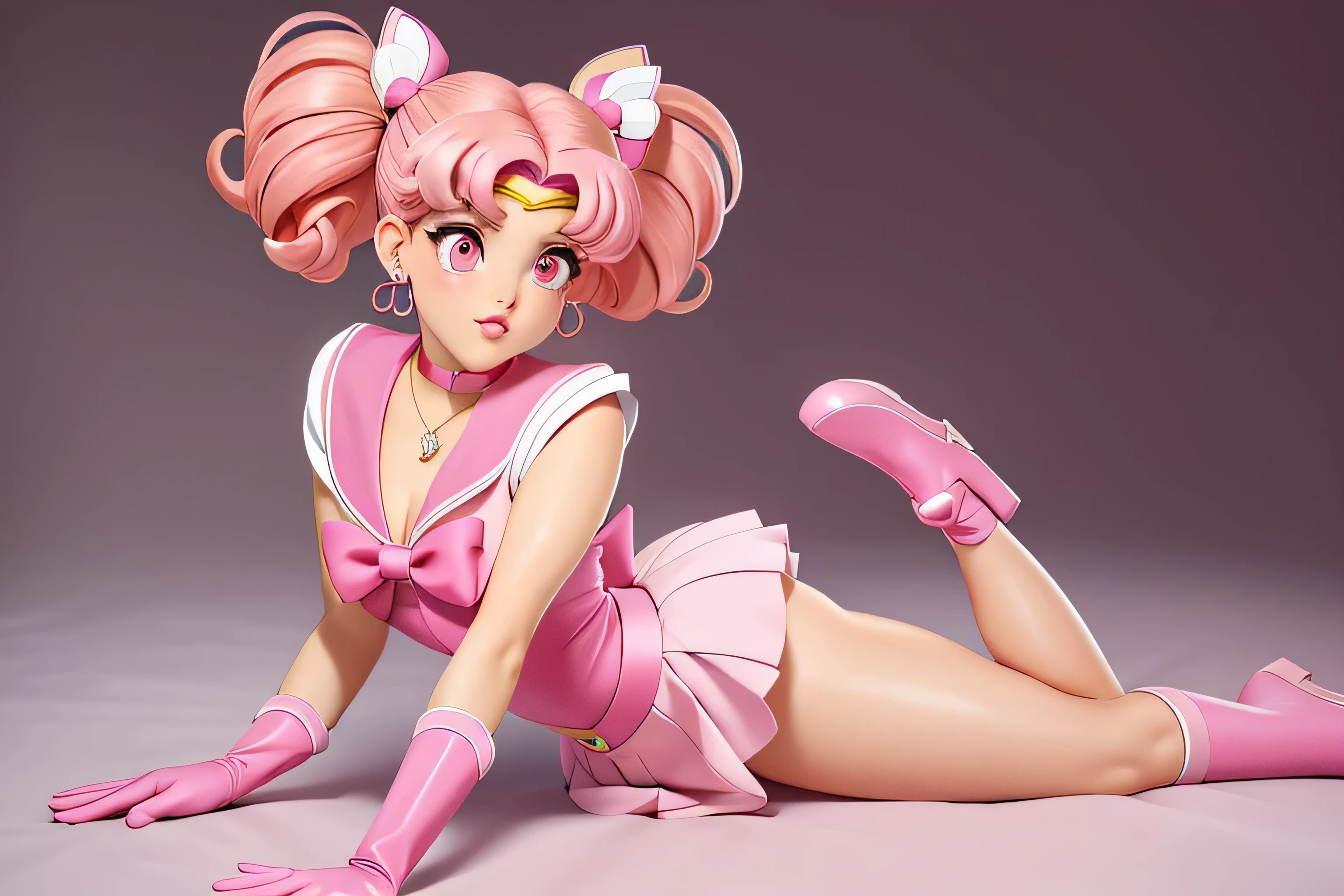 nude,spread your legs and expose your vagina､ecstasy,orgasm,flat chest,flat chest､sailor chibi moon pink hair, pink pupil, sit on the stairs,, lure, cowboy shot, Melting and see-through sailor warrior uniform pink, Pink sailor color, A transparent pink pleated skirt, whole body, Rabbit, 