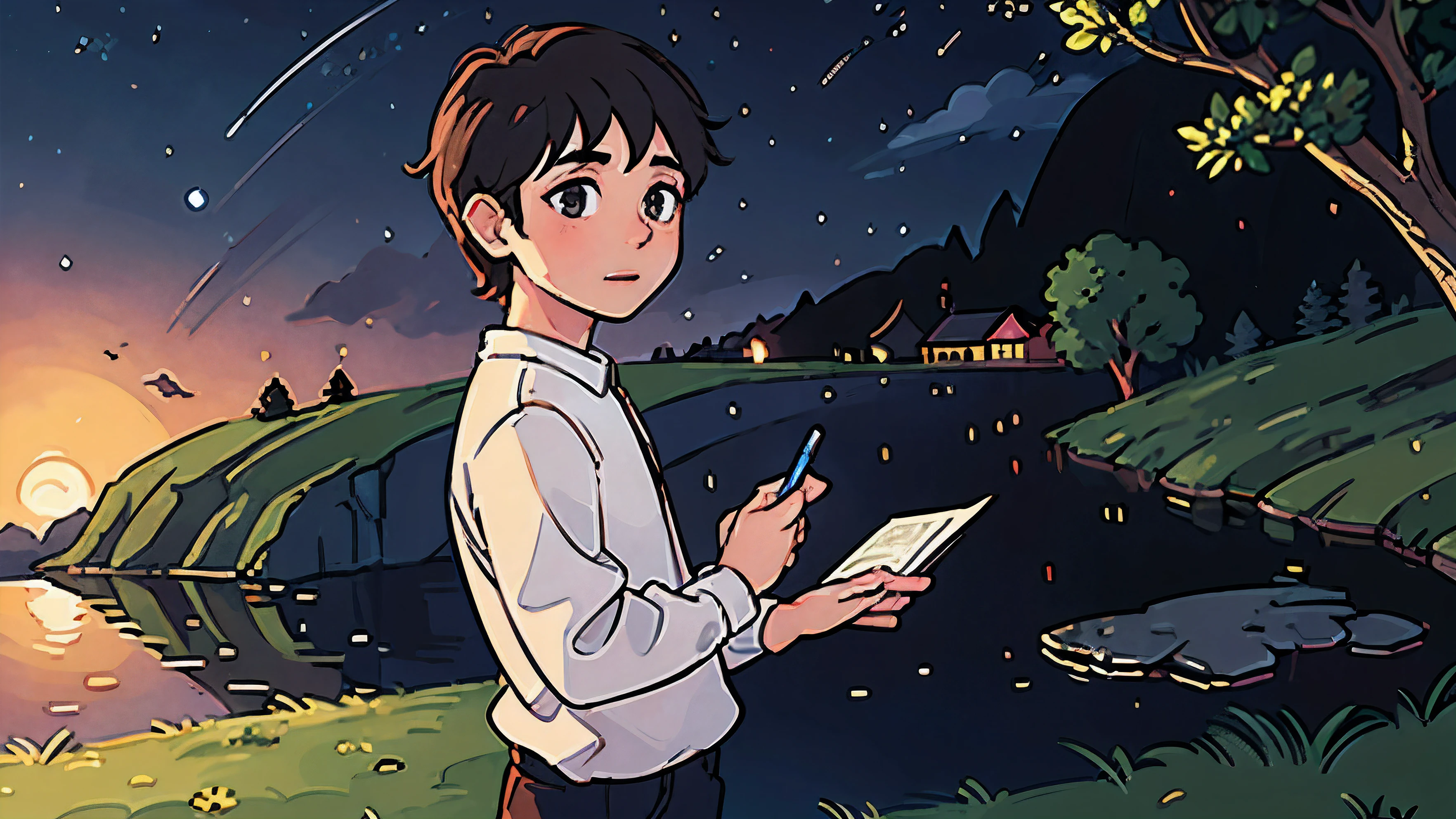 chico dibujando en un paisaje hermso de noche