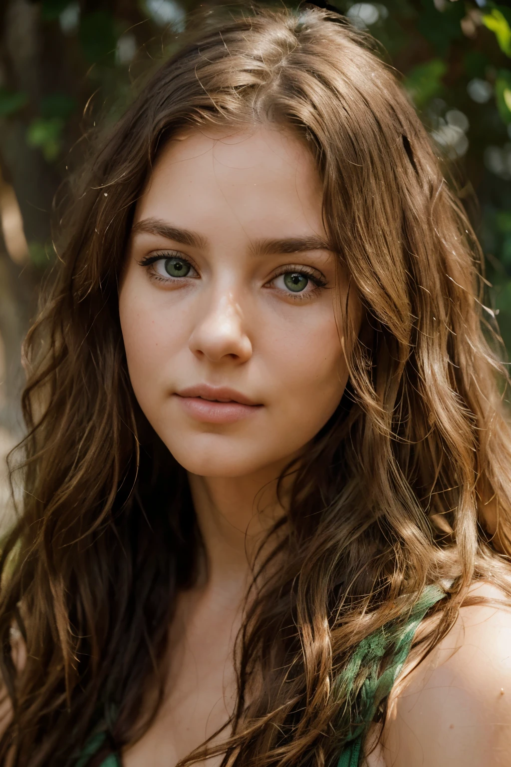 A photorealistic portrait of a 27-year-old woman with long, wavy hair and green eyes. She should have a seductive expression and be illuminated by soft, golden-hour sunlight. Capture this image with a high-resolution photograph using an 85mm lens for a flattering perspective. detailed face, (natural skin texture, hyperrealism, soft light, sharp)