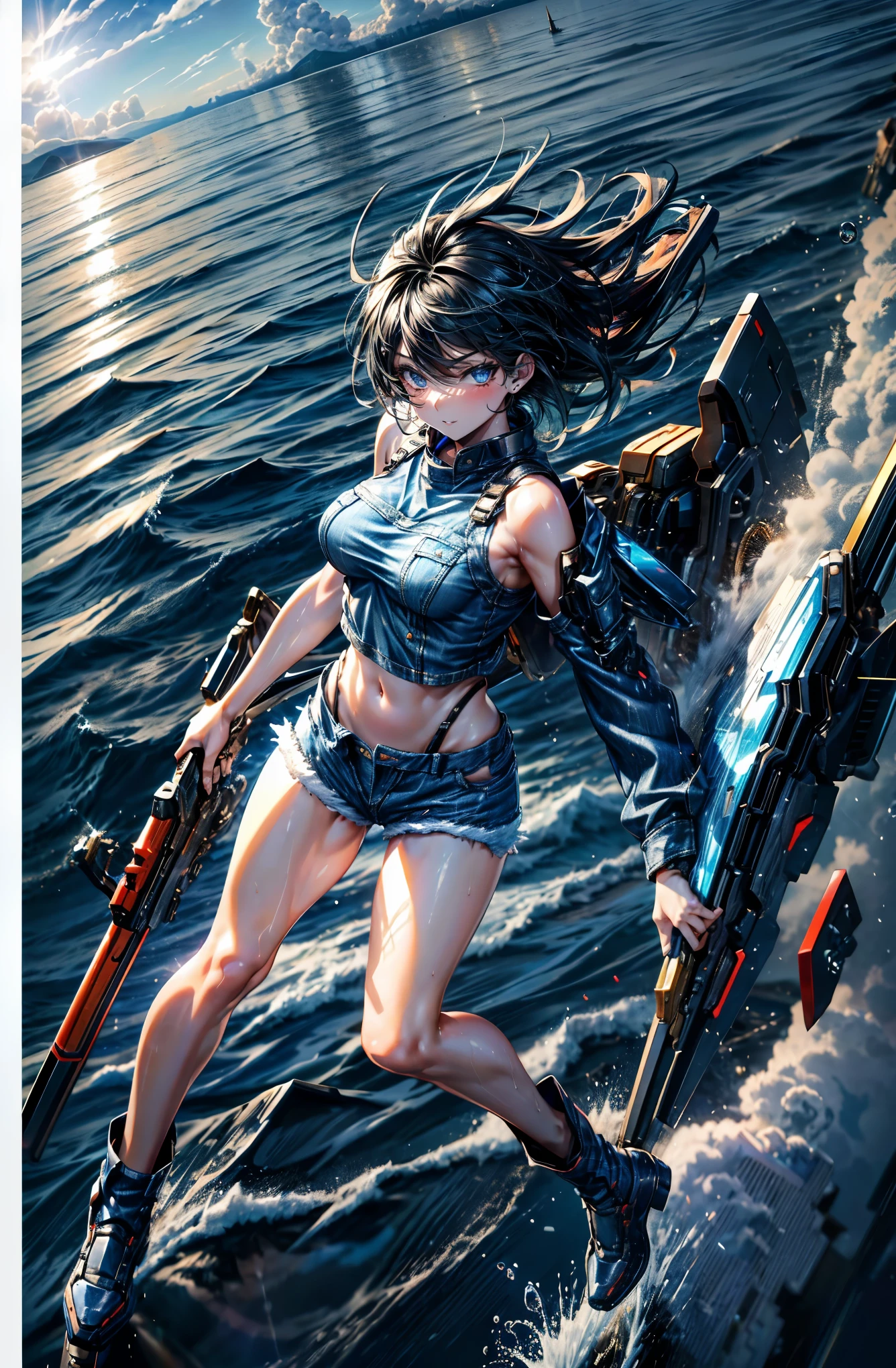hyper quality、8K quality、High resolution、Image quality taken with a single-lens reflex camera、(SFW)、perfect anatomy、(Blue theme)Energetic jet mecha girl、18 year old beautiful girl with short blue-black hair.orange eyes(A determined smile:1.5)jet model、(Good shape and normal breasts、wet body)、Sky blue mechanical parts with a three-dimensional feel、(exposed thighs:1.2)Released from a small blaster unit on the back、BREAK(denim shorts costume:1.5)(Turbo mechanical parts below the elbow and below the knee:1.3)BREAK、(perfect anatomy:1.4)BREAK(flying above the water、High-speed movement、acrobatic gliding across the water)(high wave splash、Flying droplets:1.2)(The border between the sea and the blue sky、reflecting sea、reflection on water surface、sunlight、Sunny skies and some clouds)(perspective from above)