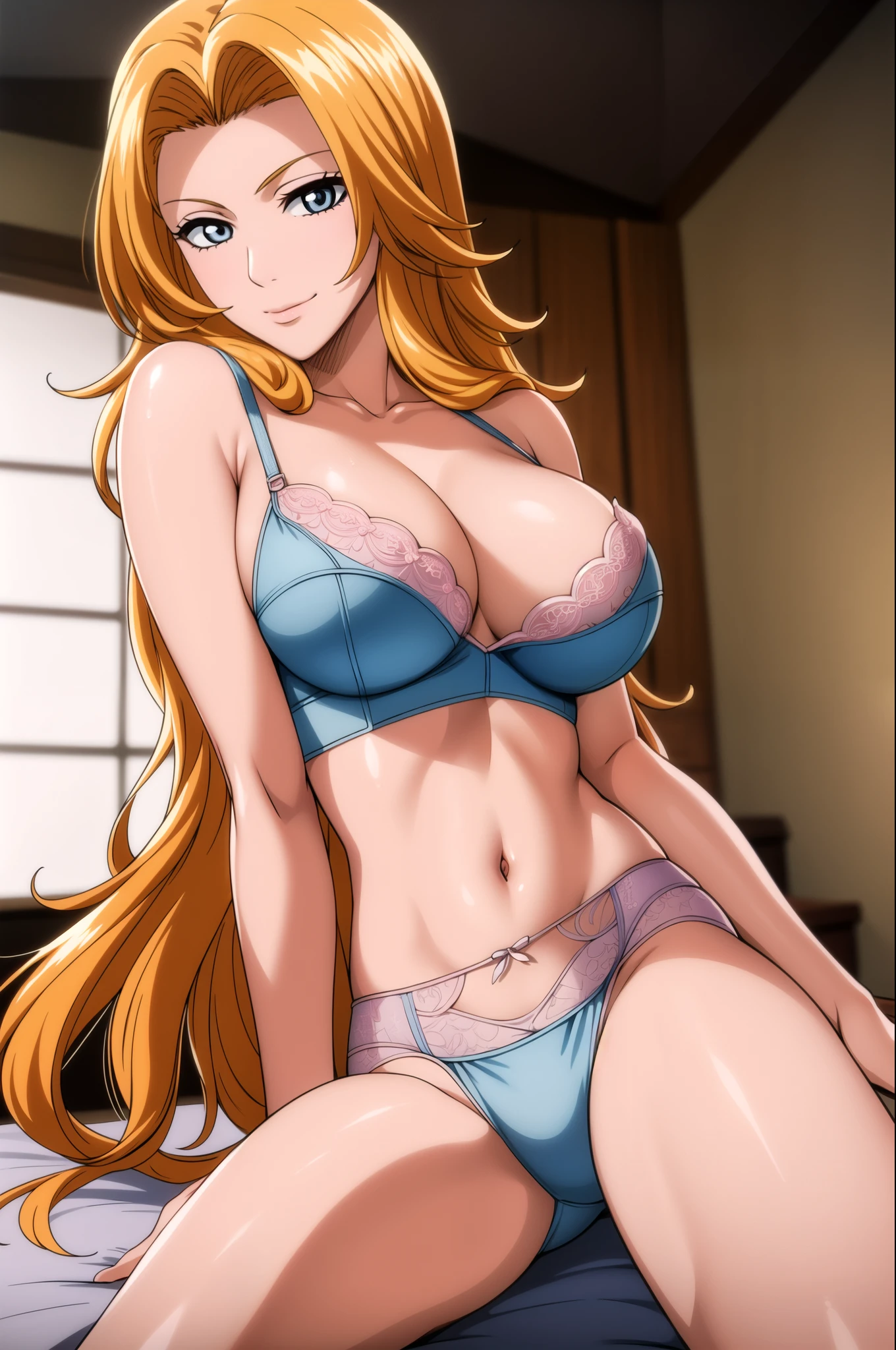 very tempting pose, sitting on bed, smiling, (bedroom Background), (potrait body), pink lingerie, blue eyes, Blonde hair,bangs,Long_hair, 1 girl, 20yo,Young female,Beautiful Finger,Beautiful long legs,Beautiful body, Beautiful Nose,Beautiful character design, perfect eyes, perfect face,expressive eyes,perfect balance, looking at viewer,closed mouth, (innocent_big_eyes:1.0), official art,extremely detailed CG unity 8k wallpaper, perfect lighting,Colorful, Bright_Front_face_Lighting,White skin, (masterpiece:1.0),(best_quality:1.0), ultra high res,4K,ultra-detailed, photography, 8K, HDR, highres, absurdres:1.2, Kodak portra 400, film grain, blurry background, bokeh:1.2, lens flare, (vibrant_color:1.2),professional photograph, (Beautiful,large_Breasts:1.4), (beautiful_face:1.5),(narrow_waist),