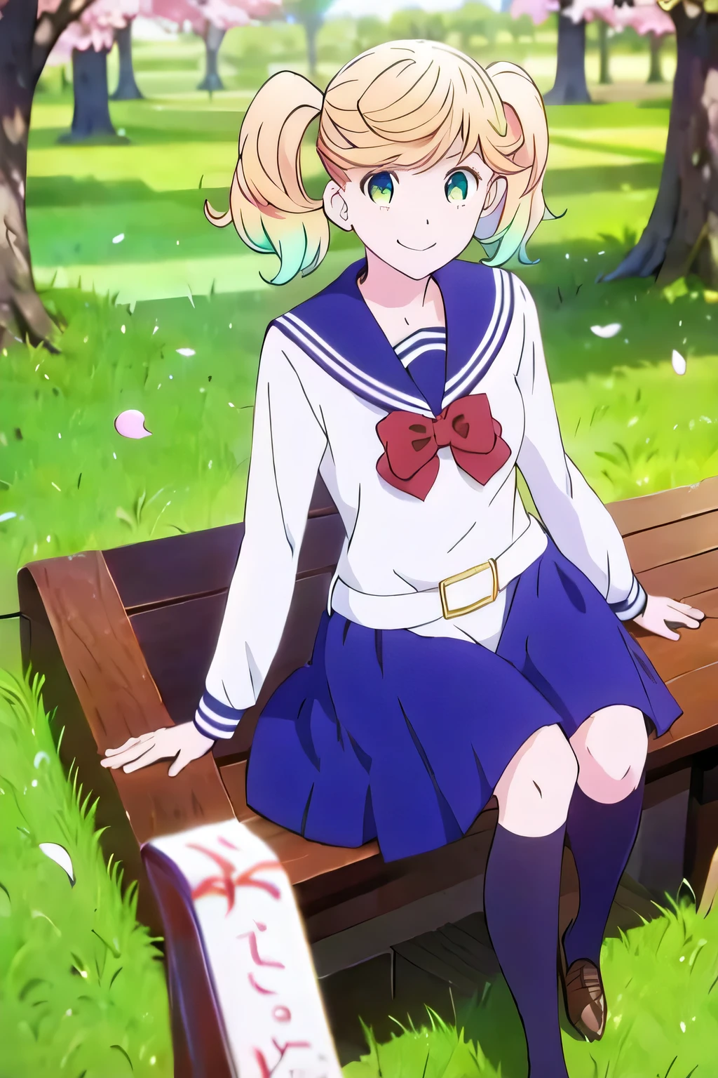 (masterpiece, highest quality:1.2), 1 girl, alone, sailor suit, red ribbon, Height is 178cm、navy blue skirt、black long socks、very tall、I look up at the sky and laugh under the cherry blossom tree、