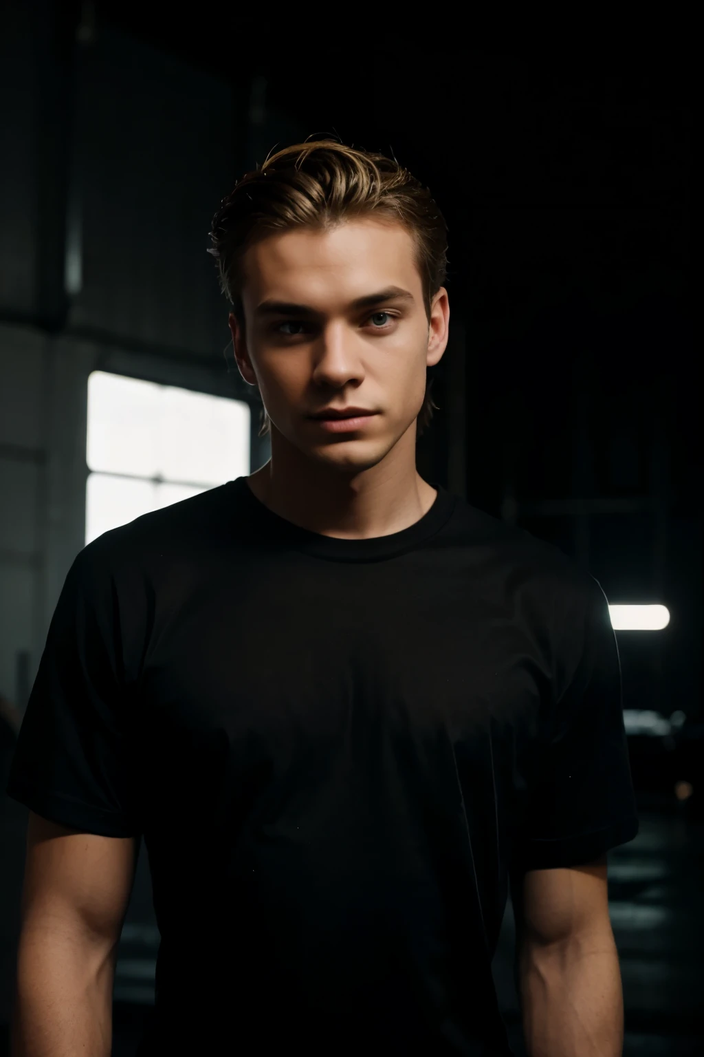young man, dude, slim t-shirt, black t-shirt, mockup, posing in a hangar, dark atmosphere, low light, blonde
