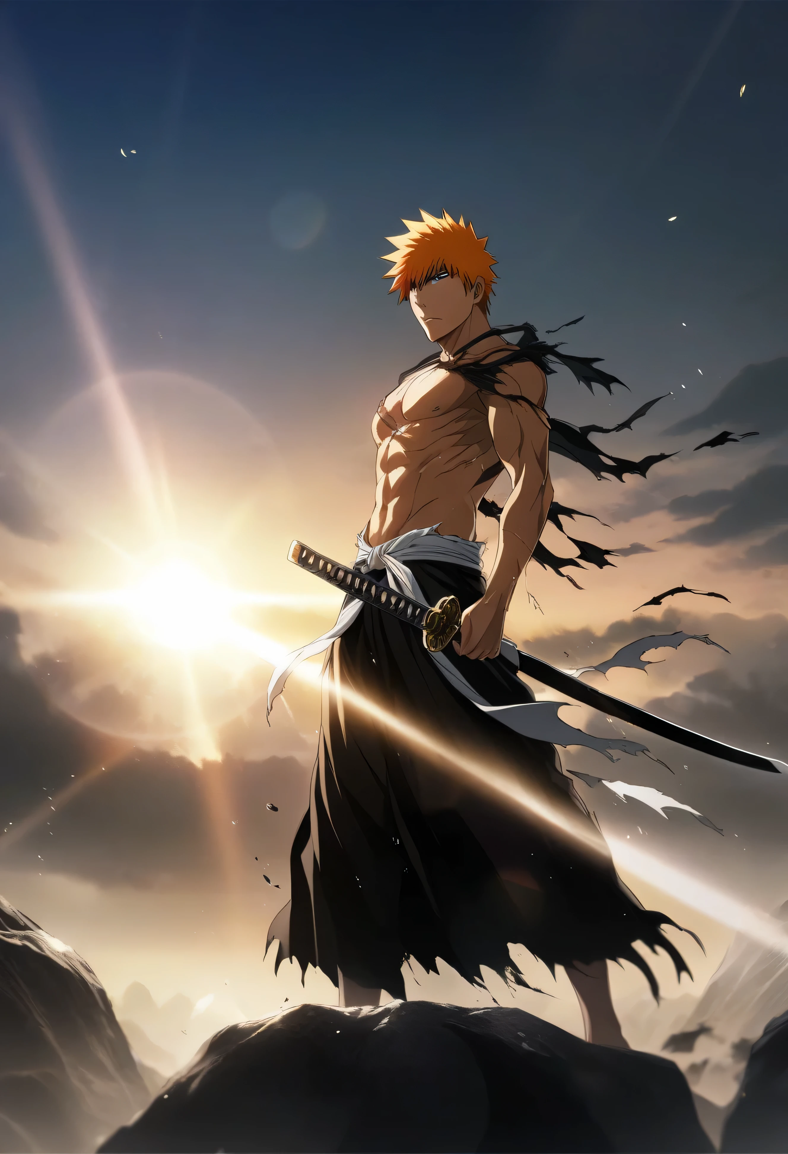 1boy, male focus, kurosaki ichigo, bleach, black hakama, tensa zangetsu (bankai), torn clothes, wielding katana, standing on a rock, full body ((centered)), outdoors, sunshine ((screen flare: 1.2)), pectoralasterpiece), (best quality), (ultra-detailed), very aesthetic, illustration, disheveled hair, perfect composition, moist skin, intricate details,