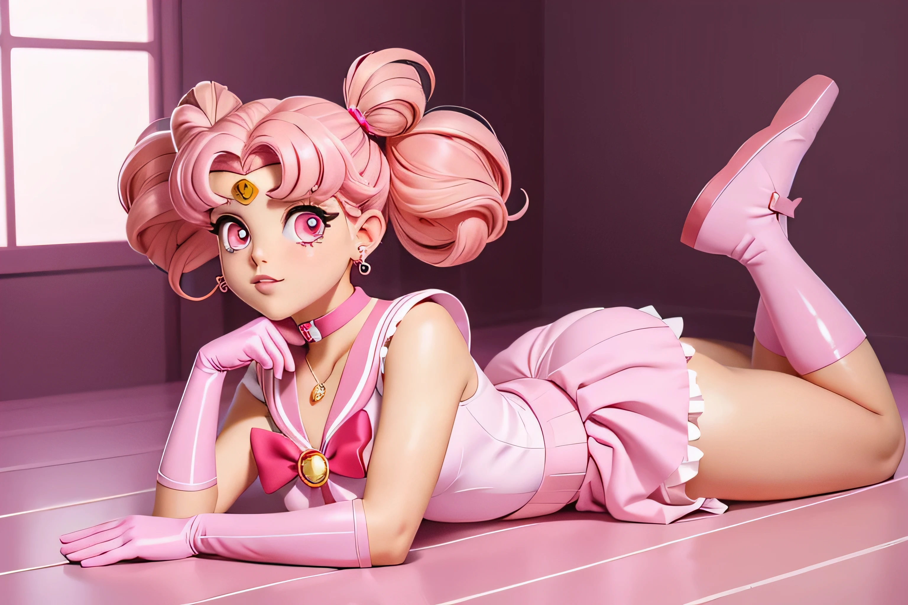 masterpiece, best quality, absurdres, perfect antomy, 1girl, solo, SMMoon, 1990s \(style\), sailor chibi moon pink hair, pink pupils eyes, sailor senshi uniform, magical girl, pink eyes, Pink skirt, elbow-length gloves, tiara, pleated skirt, bow for hair, pink hair, twintails, pink sailor necklace, miniskirt, choker, red bow, Pink  choker, white gloves,  jewelry, earringsass with a micro thong, very sexy , nice ass. (LYING ON HER SIDE ON THE FLOOR)   ASS UP