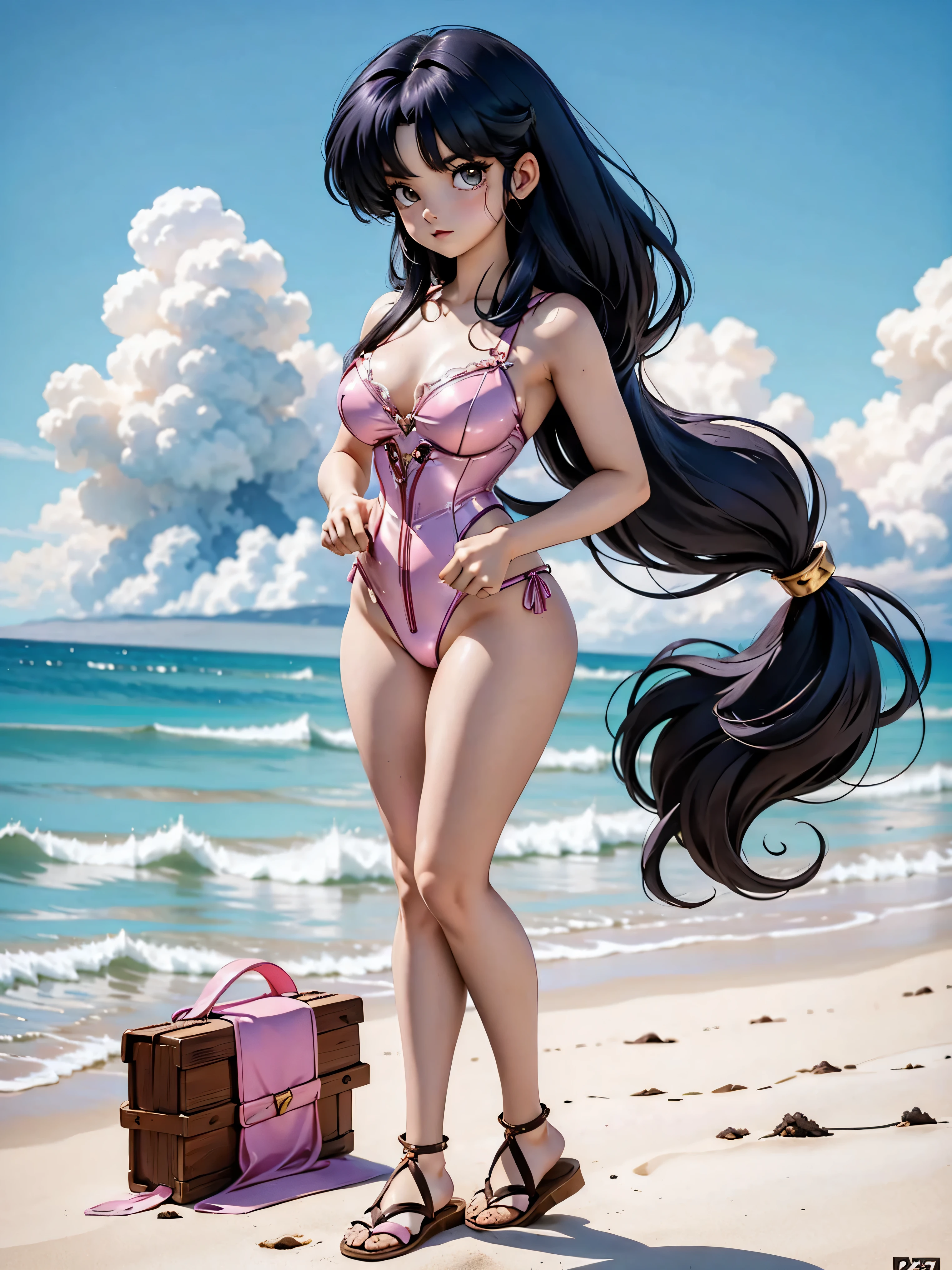 Dark hair anime girl with pink swimsuit and corset, , corpo bonito, seios grandes, com as hands on chest, hands on chest, Garota sexy, purple cabelo, mechas de cabelo laterais, mechas de cabelo na lateral do rosto, beautiful lighting, sombras suaves, olhos azuis, pernas bonitas, cabelo curto, estilo anime, personagem Akane Tendo, Autora Rumiko Takahashi, Baseado em obra de Rumiko Takahashi, Anime Ranma 1/ 2, decote sexy, quadril robusto, corpo inteiro, corpo inteiro, busto grande, garota jovem com corpo belo e bonito, sandals on his feet, garota 16 anos usando maiô e corset pink, garota anime, estilo anime, beautiful feet in sandals, 45° viewing angle, ao ar livre, peito grande, seios bonitos, cabelo preto, sandals on the feet, pernas bonitas, sexy, belas pernas, Sandalias, seios grandes, corpo completo, corpo inteiro, feet with sandals, realistic anime, saia, saia purple
