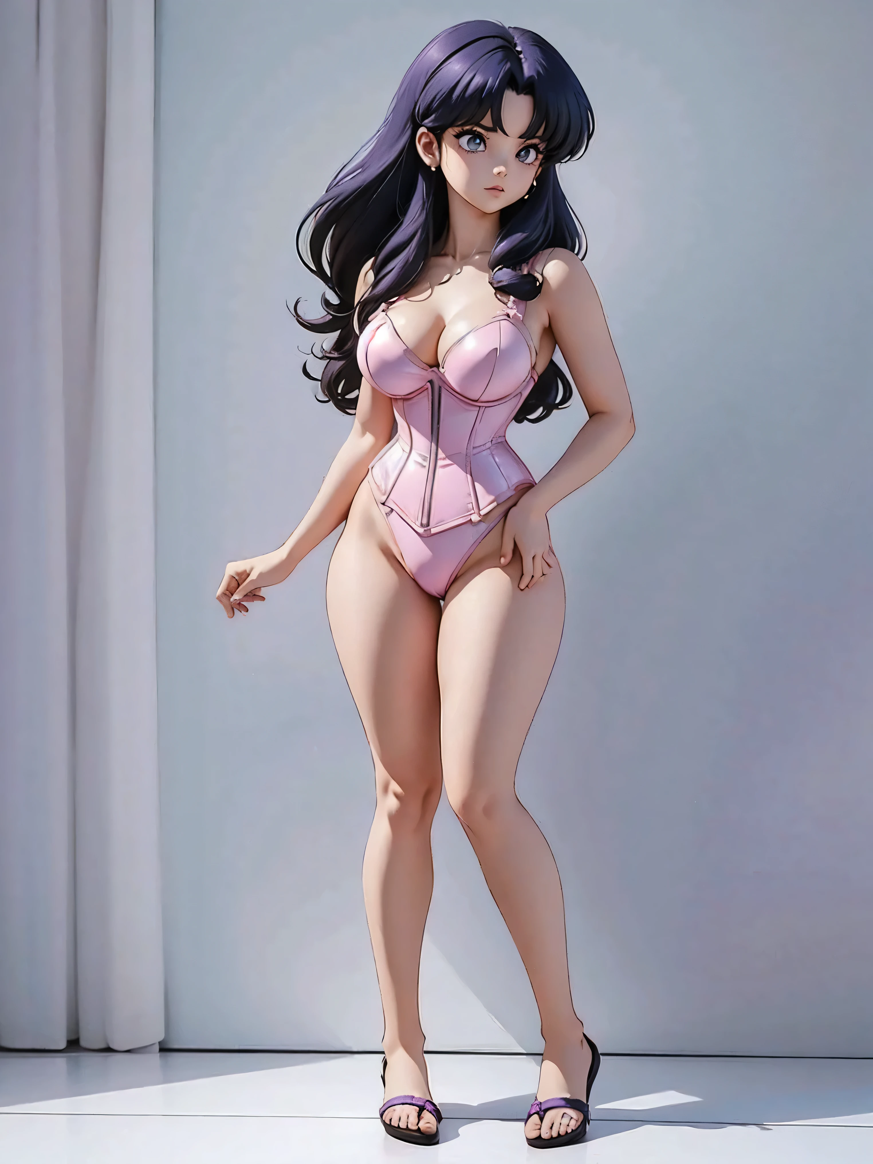 Dark-haired anime girl in pink swimsuit and corset, , corpo bonito, seios grandes, com as hands on chest, hands on chest, Garota sensual, purple cabelo, mechas de cabelo laterais, mechas de cabelo na lateral do rosto, beautiful lighting, sombras suaves, olhos azuis, pernas bonitas, cabelo curto, estilo anime, personagem Akane Tendo, Autora Rumiko Takahashi, Baseado em obra de Rumiko Takahashi, Anime Ranma 1/ 2, decote sensual, quadril robusto, corpo inteiro, corpo inteiro, busto grande, garota jovem com corpo belo e bonito, sandals on his feet, garota 16 anos usando maiô e corset pink, garota anime, estilo anime, beautiful feet in sandals, 45° viewing angle, ao ar livre, peito grande, seios bonitos, cabelo preto, sandals on the feet, pernas bonitas, sensual, belas pernas, Sandalias, seios grandes, corpo completo, corpo inteiro, feet with sandals, anime realista, saia, sarja roxa