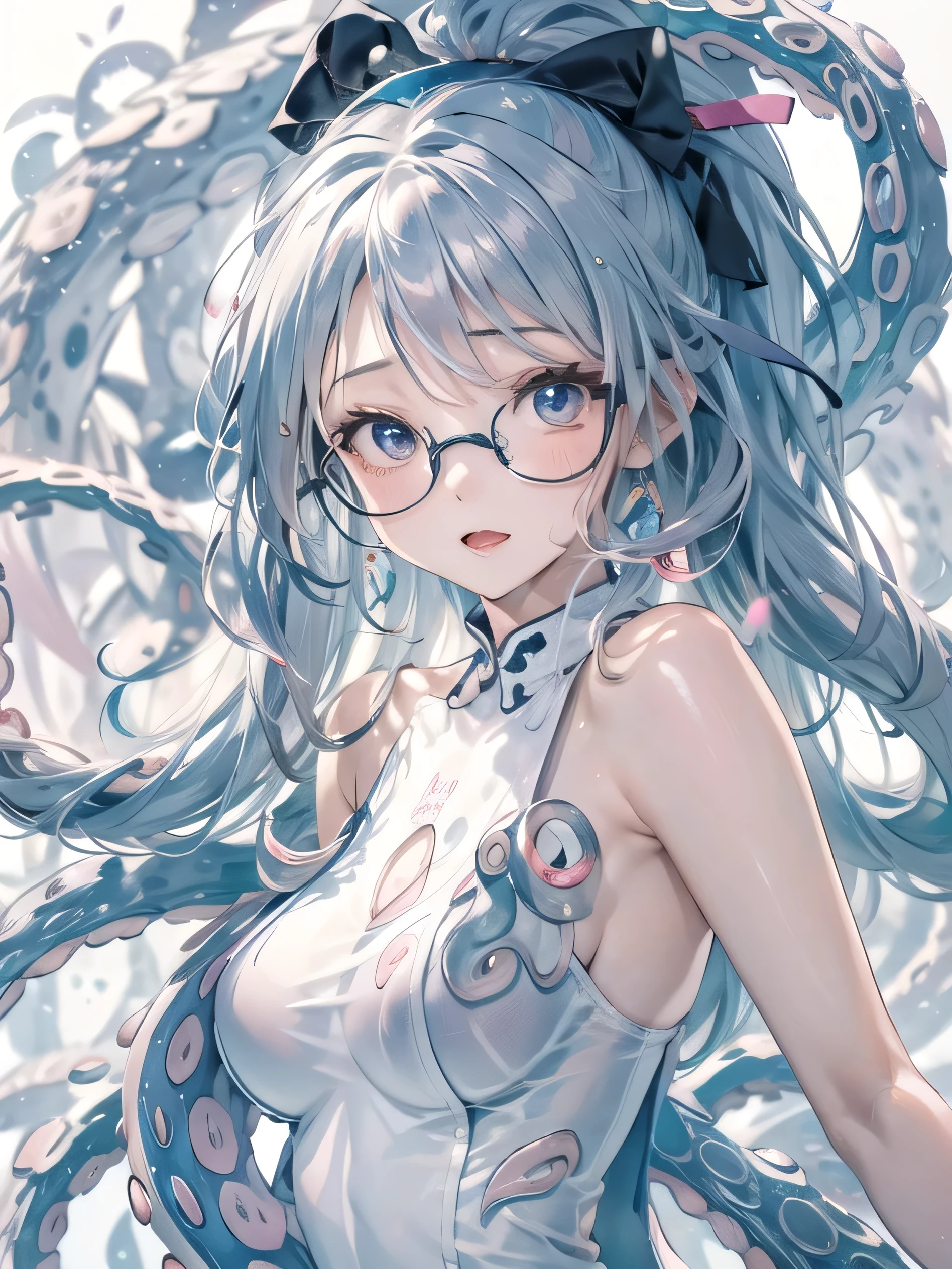 23 year old female、city、night、(((white and blue tight miniskirt bodysuit)))、(wet with sweat)、open mouth smile((See-through))Glasses、((beautiful long ponytail))、 (( body shape))、blush、surprised face、(((tentacle wrapped around the body))))(((rape by tentacle)))(((tentacle wrapped around the body)))((((tentacle wrapped around the body)))tentacle)))