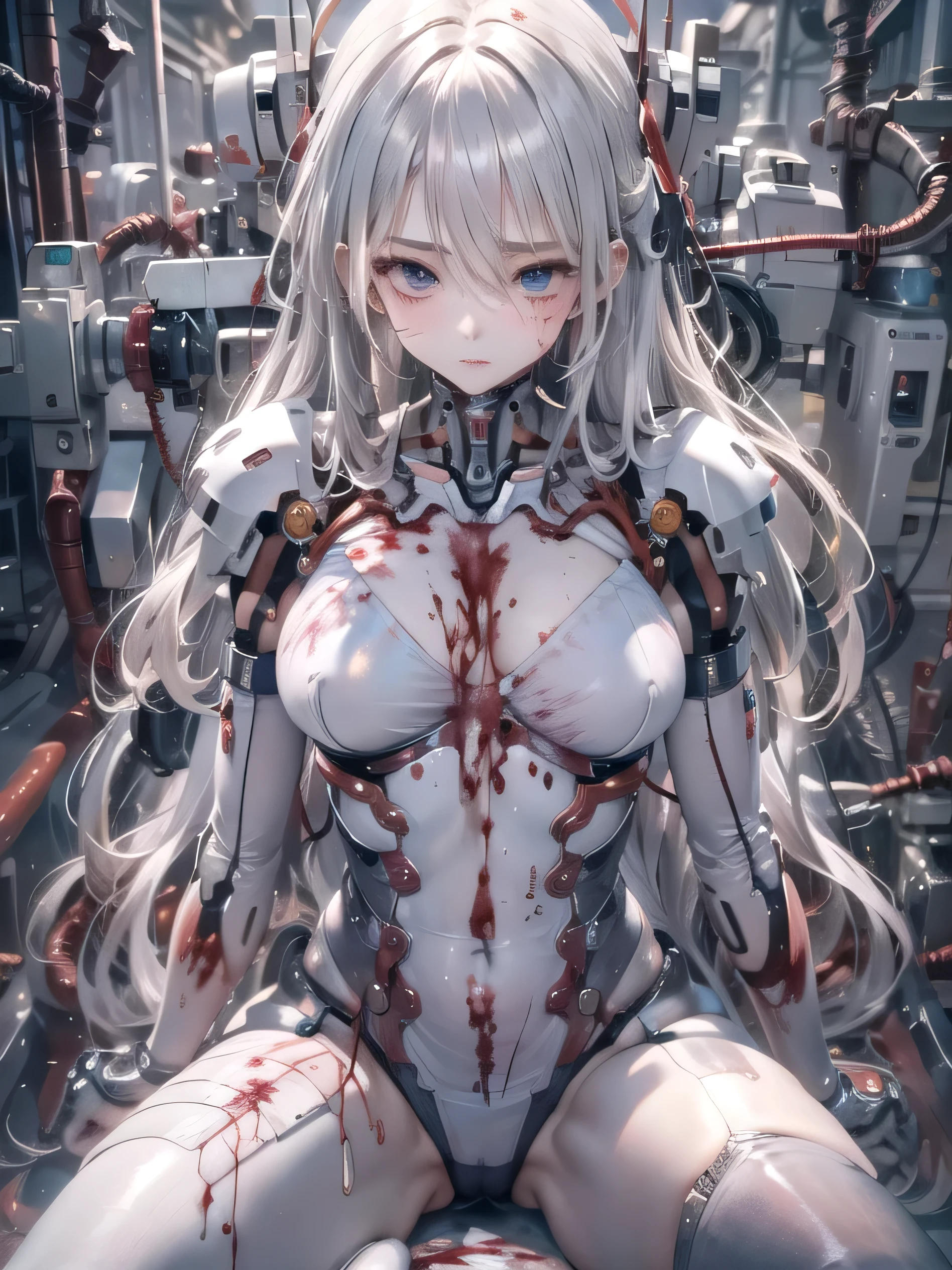 (masterpiece、highest quality、highest quality、official art、Beautiful and aesthetic:1.2)、(nipple) (1 girl:1.3)、extremely detailed、colorful、highest details ((Super detailed))、(High detail CG illustration)、 ((very delicate and beautiful))、cinema light、((1 mechanical girl))、solo、whole body、genuine breast、genuine、(mechanical joint:1.2)、((Mechanical limb blood vessels connected to tubes)、(A mechanical spine is attached to the back)、((mechanical cervical vertebrae attached to the neck))、(fetal position)、No expression、(Wires and cables attached to the neck:1.2)、(head wire and cable:1.2)(character focus)、SF 、creepy laboratory background、(blood:1.5)