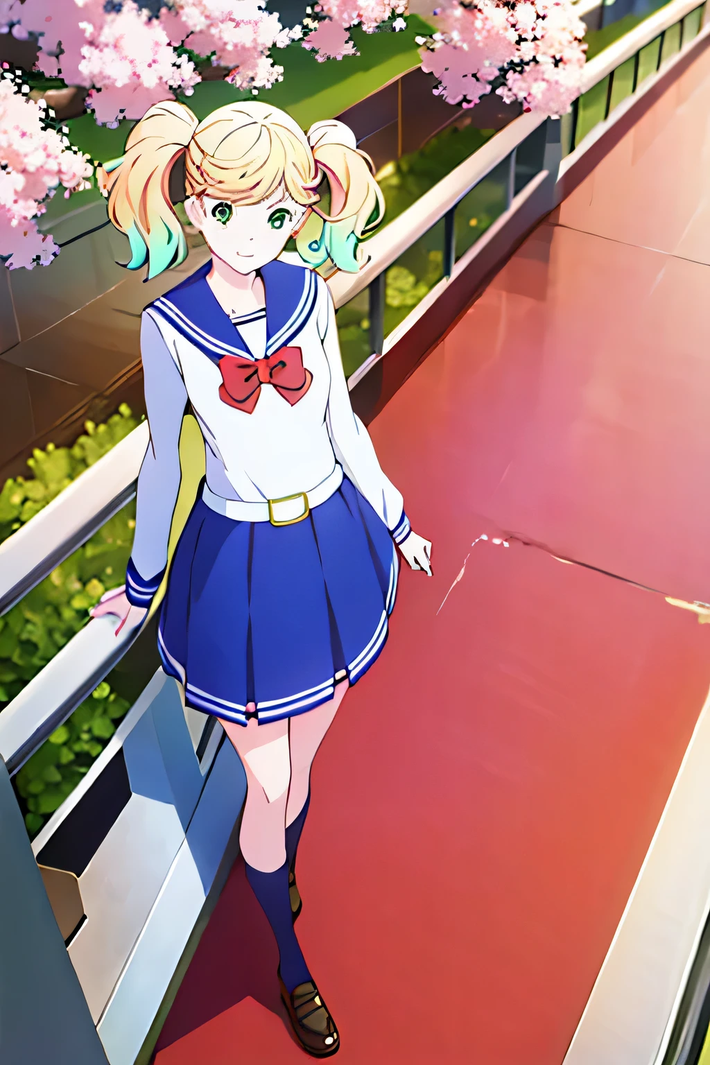 (masterpiece, highest quality:1.2), 1 girl, alone, sailor suit, red ribbon, Height is 178cm、navy blue skirt、black long socks、very tall、I look up at the sky and laugh under the cherry blossom tree、overlook、Angle from above、