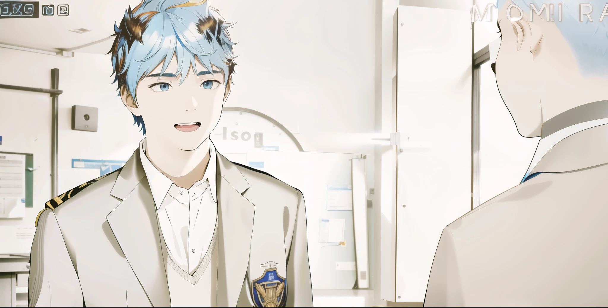 boy with blue hair is in the school music room with a friend standing in front of him.