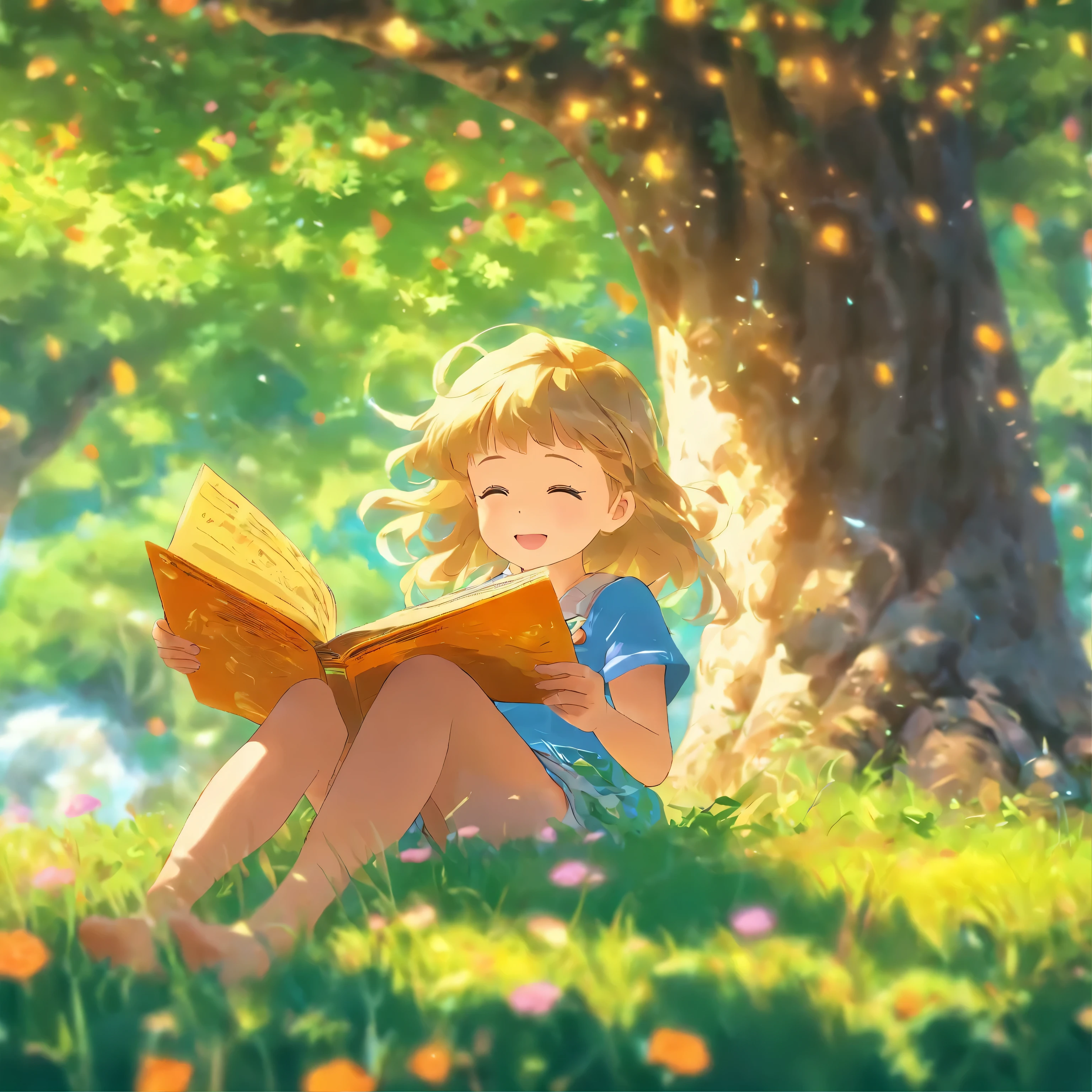 Five year old girl reading under a tree,Strom, steins, wilde Blumen.