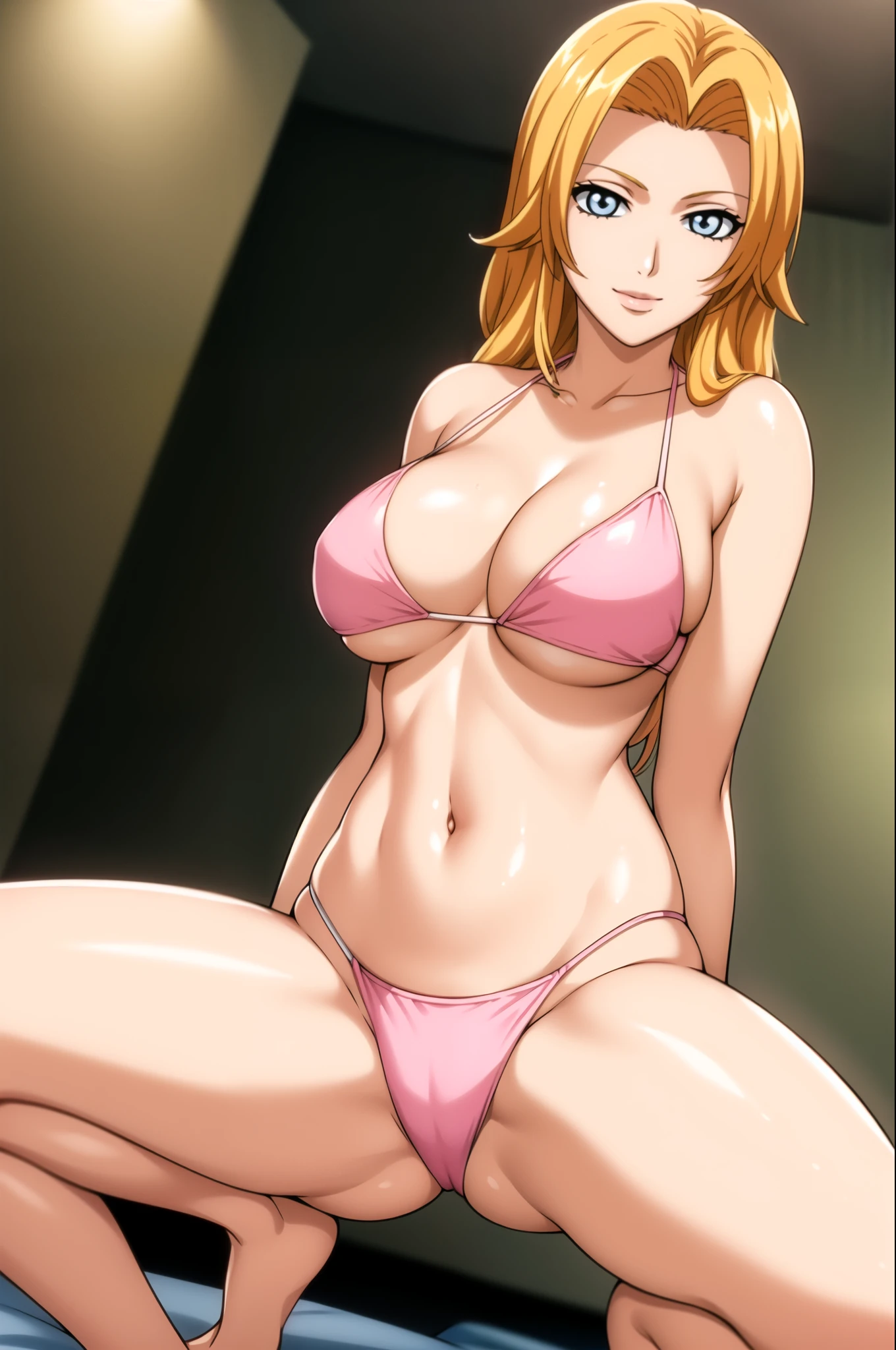 very tempting pose, grabbing her breasts, squat open her legs, smiling, (bedroom Background), (potrait body), (pink bikini), blue eyes, Blonde hair,bangs,Long_hair, 1 girl, 20yo,Young female,Beautiful Finger,Beautiful long legs,Beautiful body, Beautiful Nose,Beautiful character design, perfect eyes, perfect face,expressive eyes,perfect balance, looking at viewer,closed mouth, (innocent_big_eyes:1.0), official art,extremely detailed CG unity 8k wallpaper, perfect lighting,Colorful, Bright_Front_face_Lighting,White skin, (masterpiece:1.0),(best_quality:1.0), ultra high res,4K,ultra-detailed, photography, 8K, HDR, highres, absurdres:1.2, Kodak portra 400, film grain, blurry background, bokeh:1.2, lens flare, (vibrant_color:1.2),professional photograph, (Beautiful,large_Breasts:1.4), (beautiful_face:1.5),(narrow_waist),