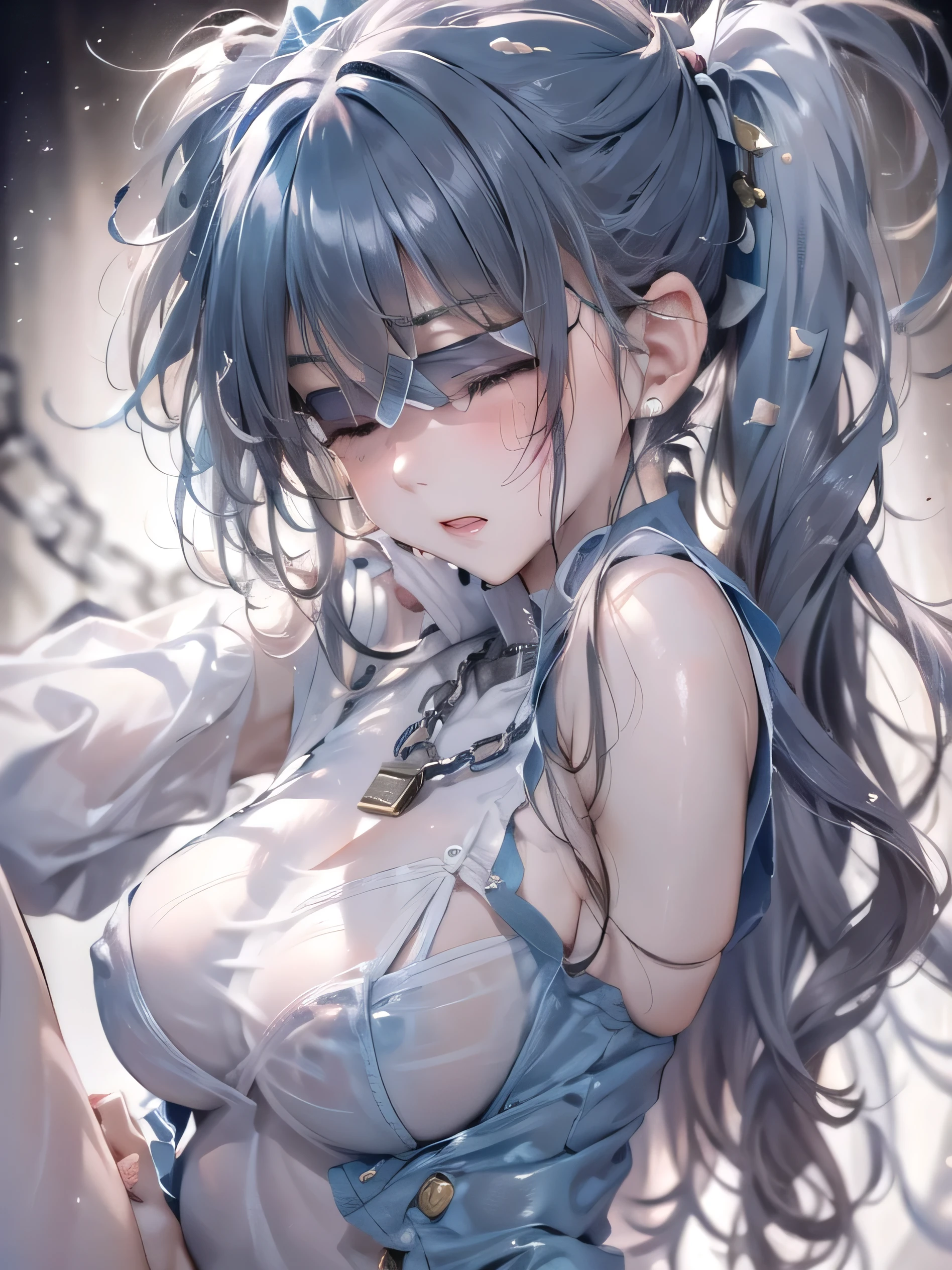 (muste piece:1.0)、super detail、super resolution、highest quality、1 female (( ((solo:2))、Oily shiny medium breasts、Thin thighs with an oily sheen、High resolution、((blue long hair、ponytail) ))、highly detailed dark brown eyes、((white see-through leotard:1.2))、Highly detailed face and skin texture、perfect face、perfect body、(No extra fingers:1.2)、(No extra arms:1.2)、 (No extra legs:1.2)、barefoot、barefoot、crying face、open your lips、blush、sweat a lot、(blindfold:1.25)、spread legs、kneel down、(fold your arms behind your back:1.2)、(chain one&#39;s legs)legs, hands and arms:1.3)、(chain color:1.25)、cameltoe、look at me))、NSFW、background((night:1.2、stone dungeon))、(blur background:1.0)、(full body portrait:1.0 )、8k wallpaper。