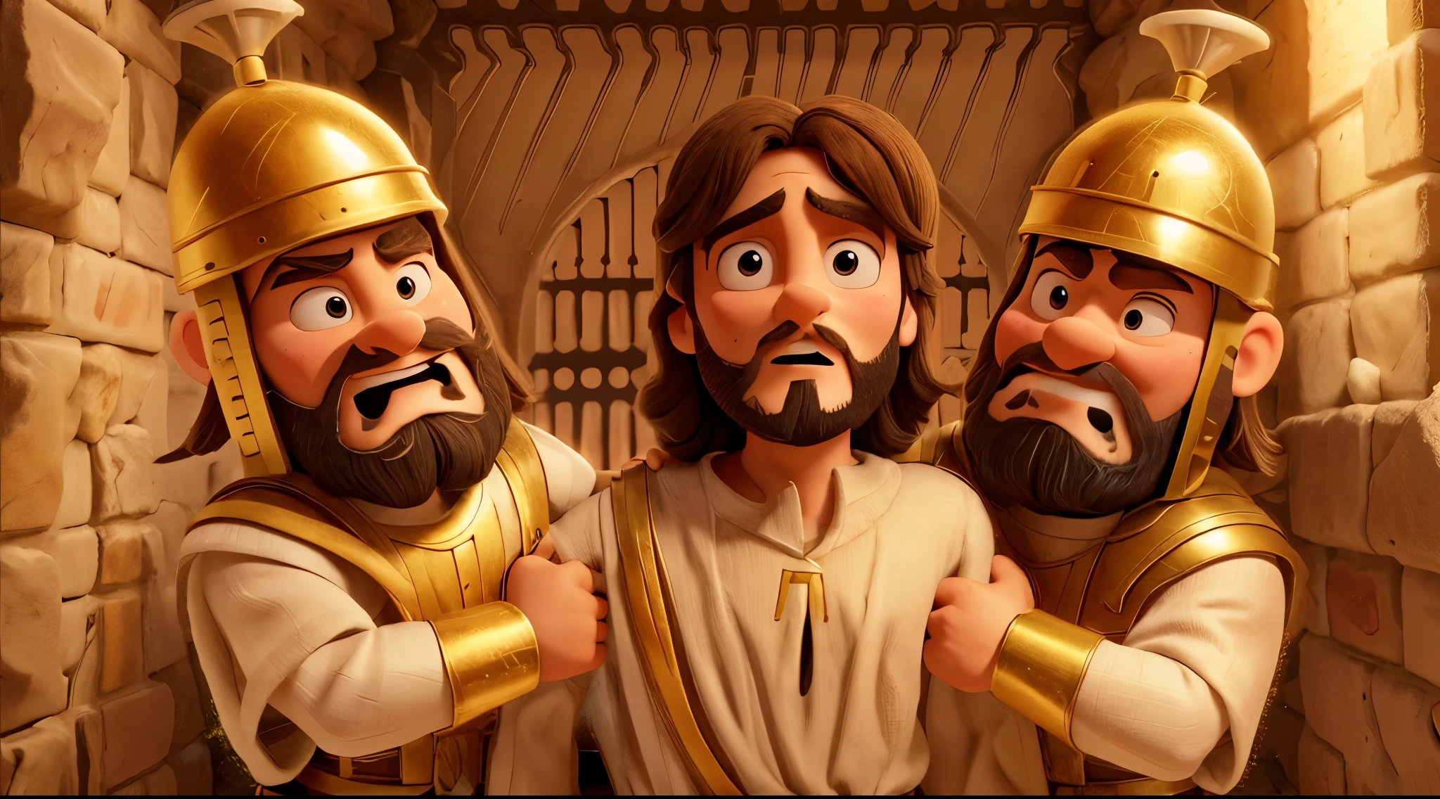 In this image, Jesus is being held by two cartoon soldiers. Both soldiers are wearing gold helmets and armor. Jesus is wearing a white tunic and has a red beard. The background is a brick wall with a window made of small, square panes. The window is lit from behind, casting a warm yellow light on Jesus and the soldiers.