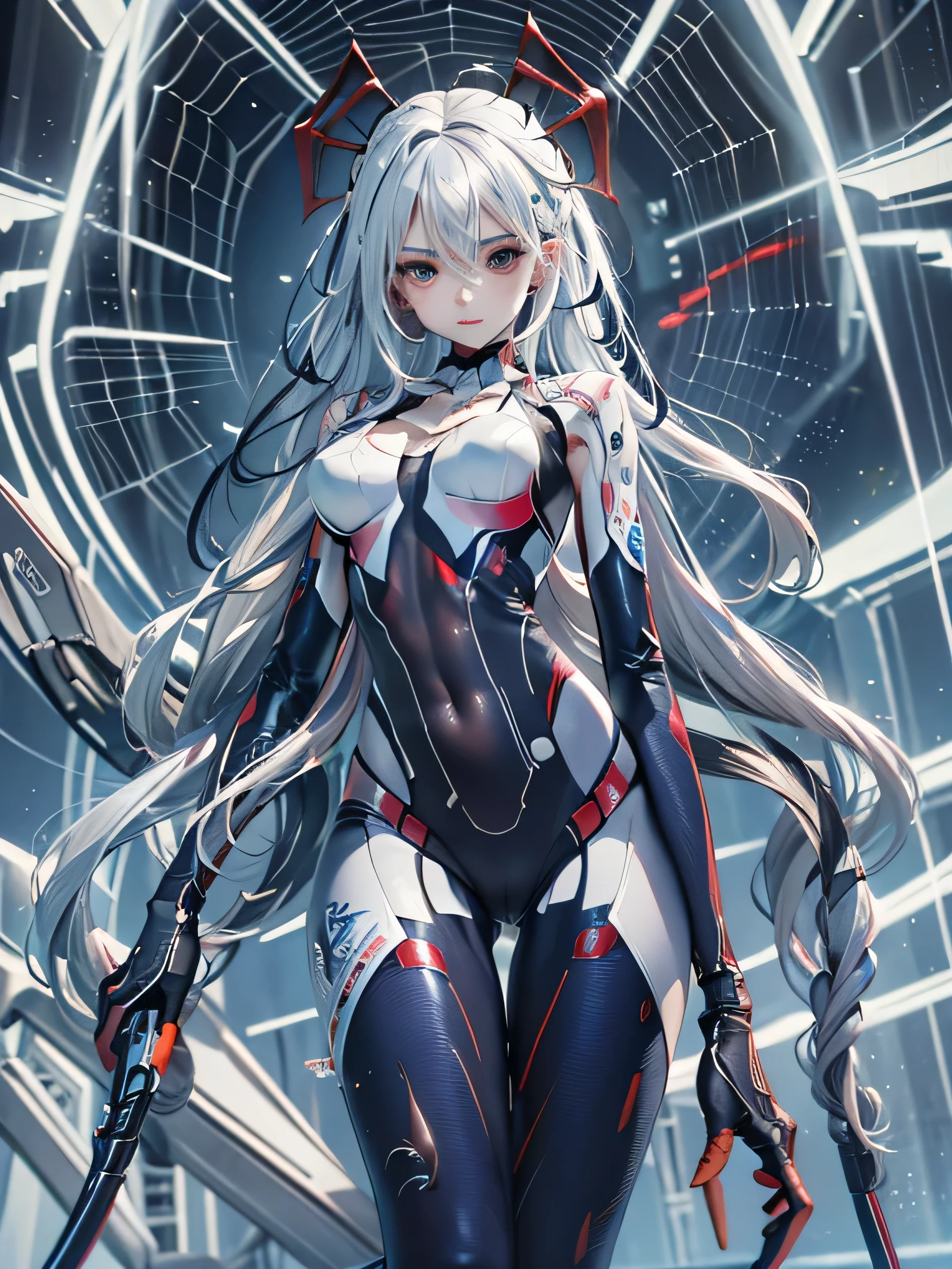 (photorealistic:1.8, highest quality:1.8,8K masterpiece:1.8,High resolution,muste piece:1.8,RAW Photos,cinematic lighting),
cyber punk、rain-soaked city、
spider girl、(alternative、dull tone、calm tone:1.3)(1 beauty、Beautiful face in every detail:1.3)(High leg white spider tight suit:1.7)、(mechanical joint:1.2)、((Mechanical limb blood vessels connected to tubes)、(A mechanical spine is attached to the back)、((mechanical cervical vertebrae attached to the neck))、(fetal position)、No expression、(Wires and cables attached to the neck:1.2)、(head wire and cable:1.2)、
((Moderate chest:1.3)、Arachne tattoo on chest、Arachne:1.2) (look back、squat、raise your hand:1.2)(body fluids attached to the body:1.4)spiderweb、The white body contains Arachne threads.。(elation:1.4)、
(midium Hair:1.2,Beautiful shining blue and white hair:1.5)