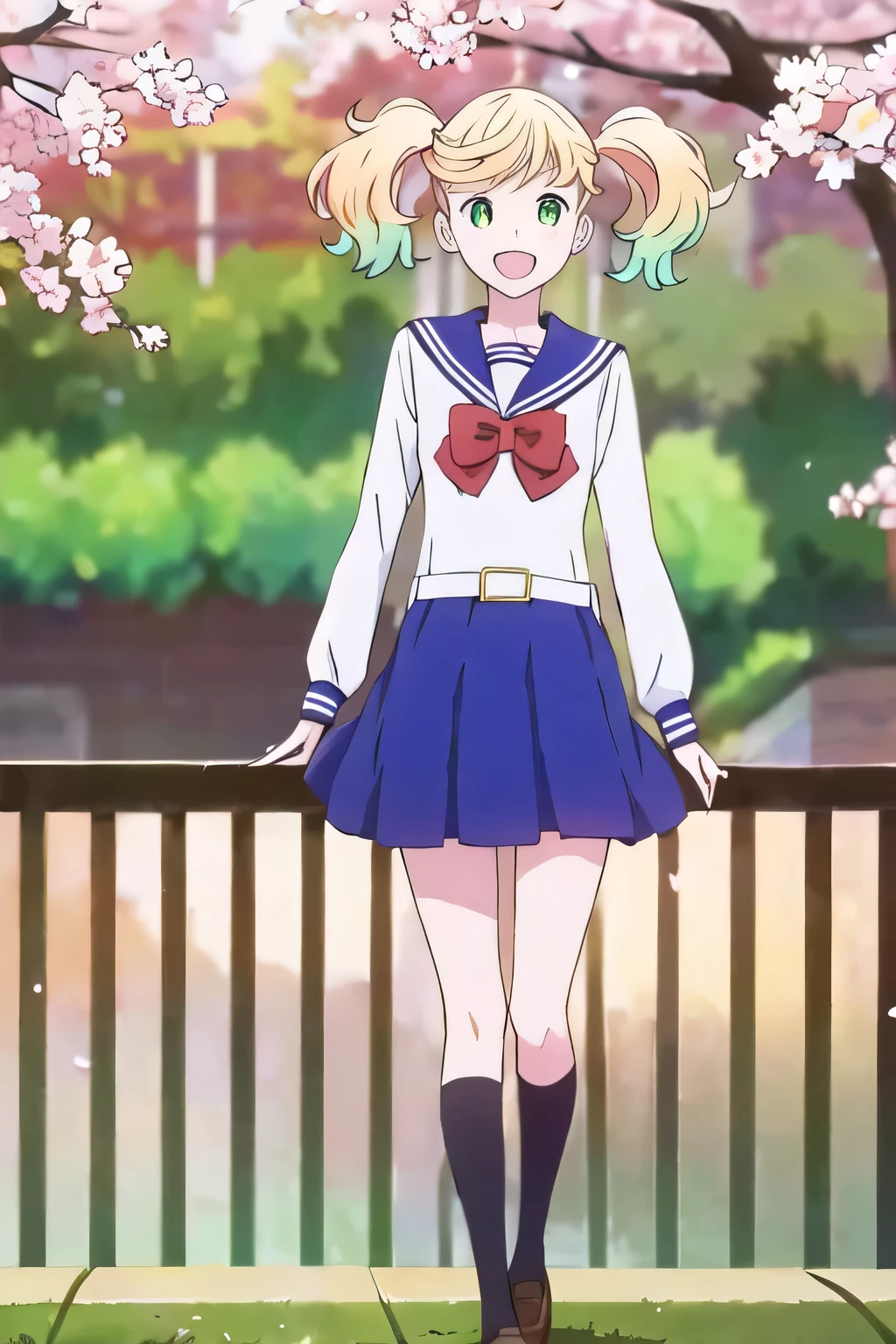 (masterpiece, highest quality:1.2), 1 girl, alone, sailor suit, red ribbon, Height is 178cm、navy blue skirt、black long socks、raise one hand and call someone、very tall、I look up at the sky and laugh under the cherry blossom tree、overlook、Angle from above、bust shot、