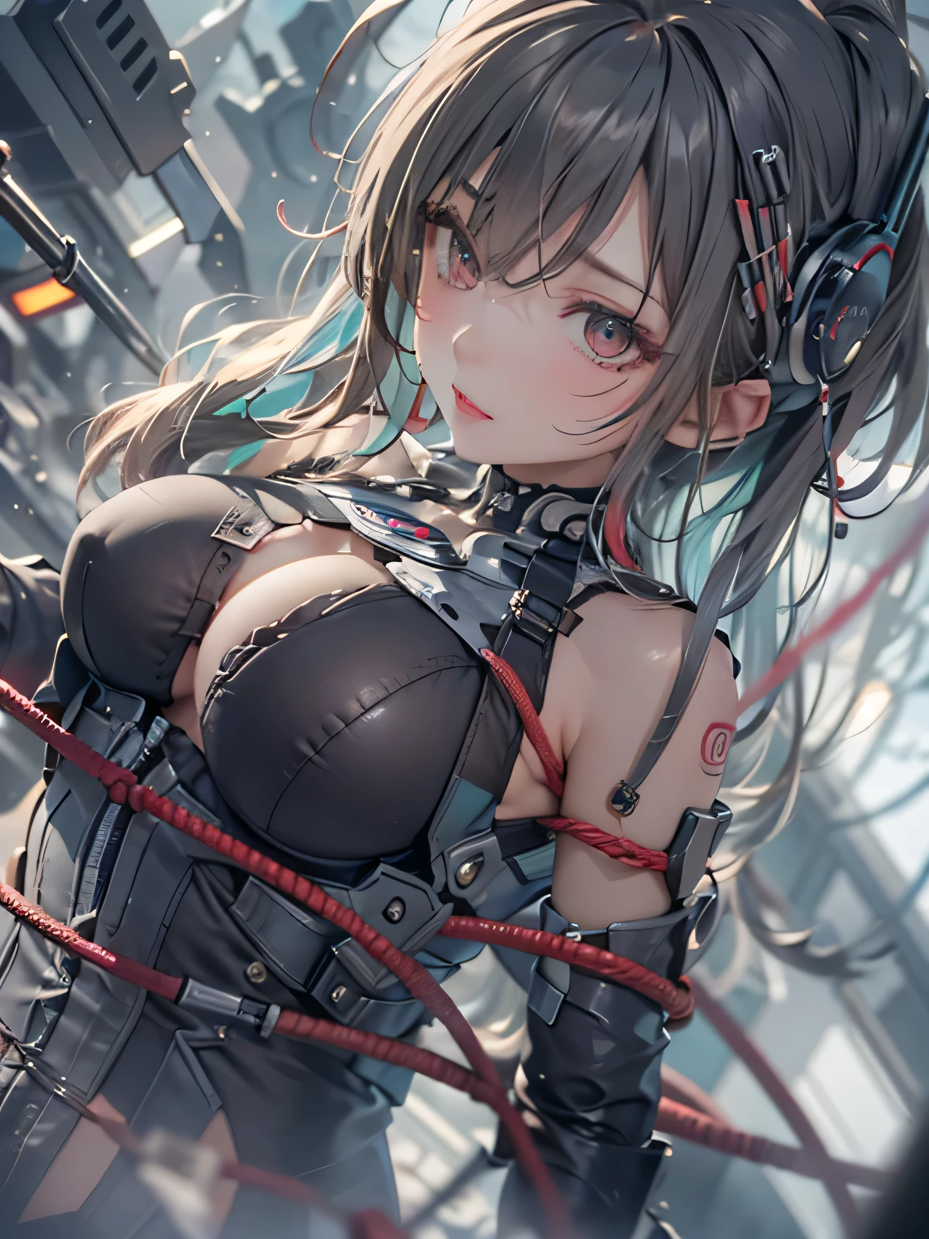 (masterpiece、highest quality、highest quality、official art、Beautiful and aesthetic:1.2)、(nipple) (1 girl:1.3)、extremely detailed、colorful、highest details ((Super detailed))、(High detail CG illustration)、 ((very delicate and beautiful))、cinema light、20 year old female、Completely naked、bondage、(Wires and cables attached to the neck:1.2)、(head wire and cable:1.2)(character focus)、SF 、creepy laboratory background