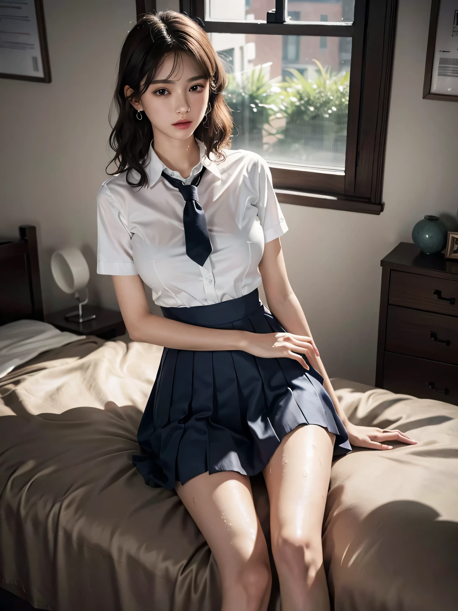 disorganized, Raw photo, very delicate and beautiful, masterpiece, highest quality, ultra high resolution, 32k, surreal, Super detailed, perfect anatomy, perfect figure, super dense skin, Highly detailed CG 8k wallpaper, Very slim body, tight waist, very small head, very small face, delicate features, tearful mole, very big earrings, thin legs, (very huge round breasts:1.2), (full body shot:1.1), model shoot, (1 girl:1.2), short hair, (wavy hair:1.2), (wet clothes:1.1), (school uniform:1.2),