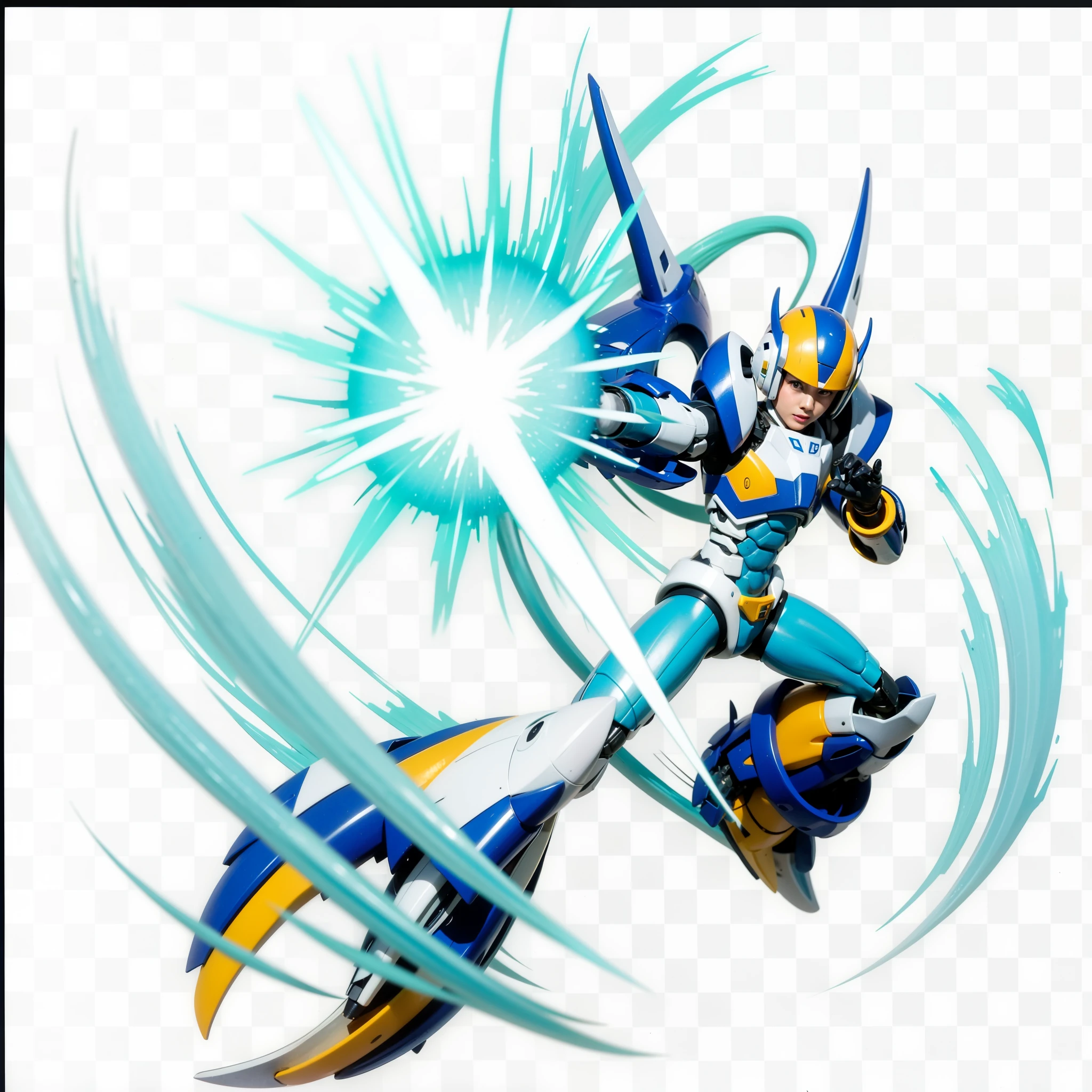 uma imagem de desenho animado de uma mulher com uma roupa azul e branca voando pelo ar, esse personagem tem criocinese, Ultra Mega Super Detalhe, super super dynamic dynamic pose, super robot wars, reploide do escaravelho, em armadura de opala, Postura de ataque, ferra white mecha, dynamic energetic pose, cyber fighting armor, megaman, hypersonic